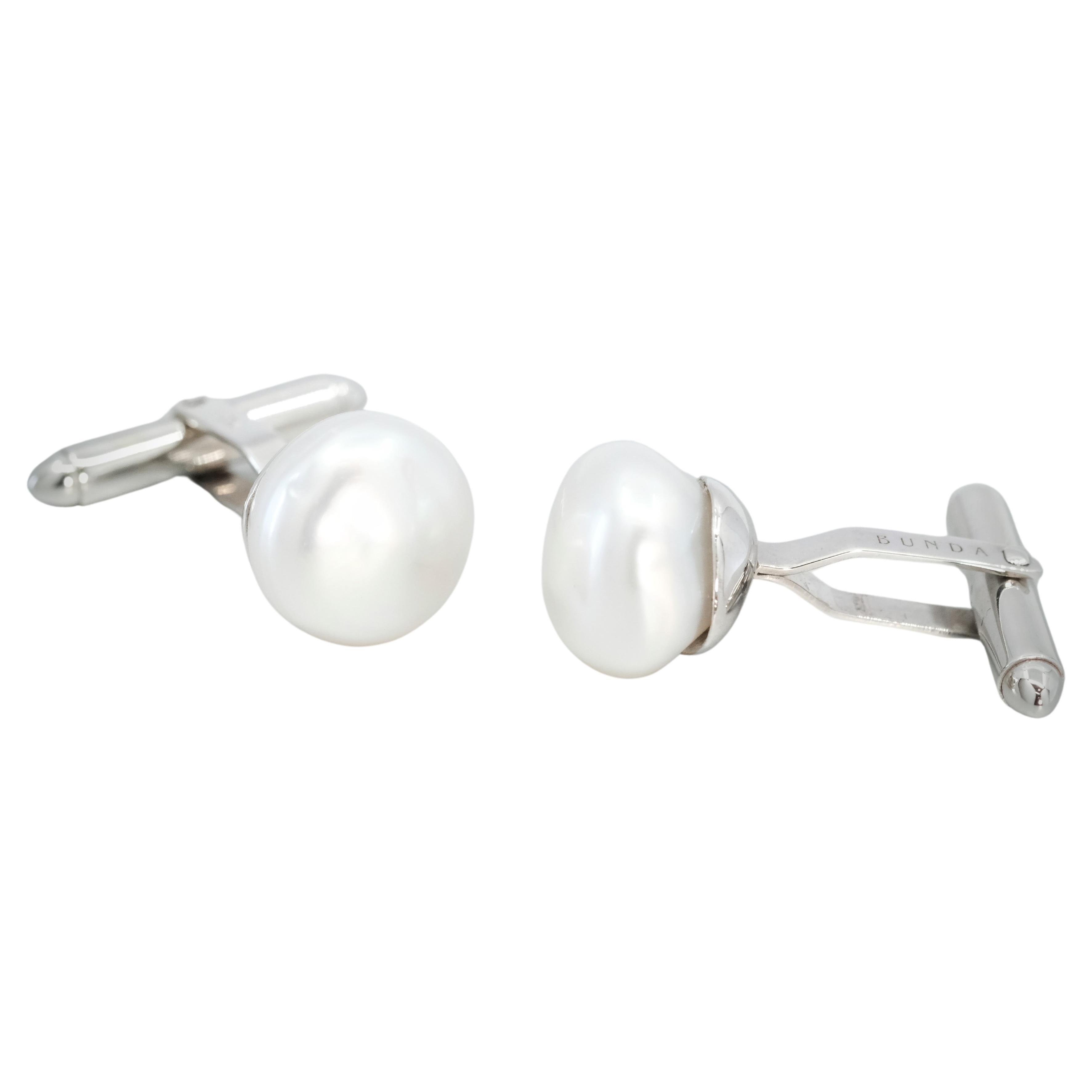 BUNDA 12.8-12.9mm white South Sea Pearl cufflinks, 18k white gold