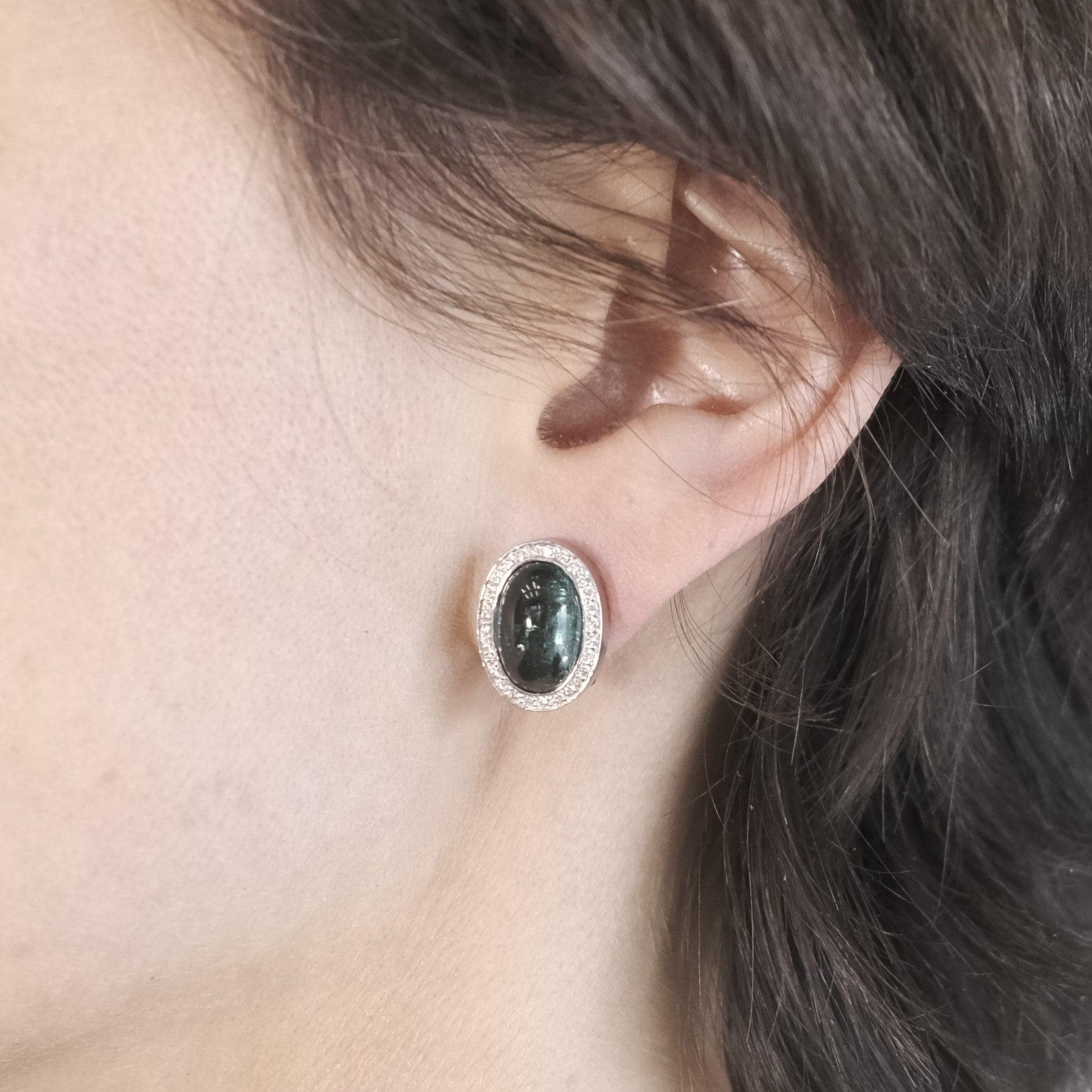 Cabochon BUNDA 14.5ct Tourmaline and 0.34ct Diamonds Earrings, 18k white gold For Sale