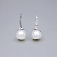 BUNDA 14mm South Sea Pearl and Diamond drop earrings, in 18k white gold
