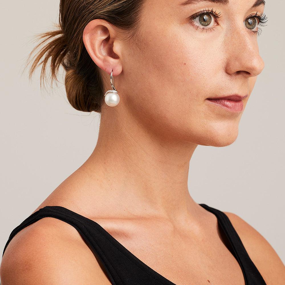 Round Cut BUNDA 14mm South Sea Pearl and Diamond drop earrings, in 18k white gold For Sale