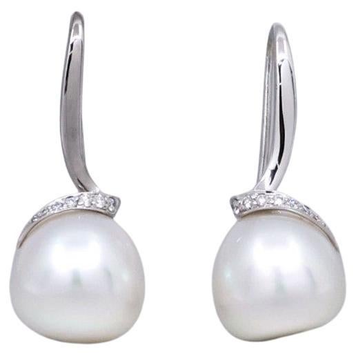 BUNDA 14mm South Sea Pearl and Diamond drop earrings, in 18k white gold