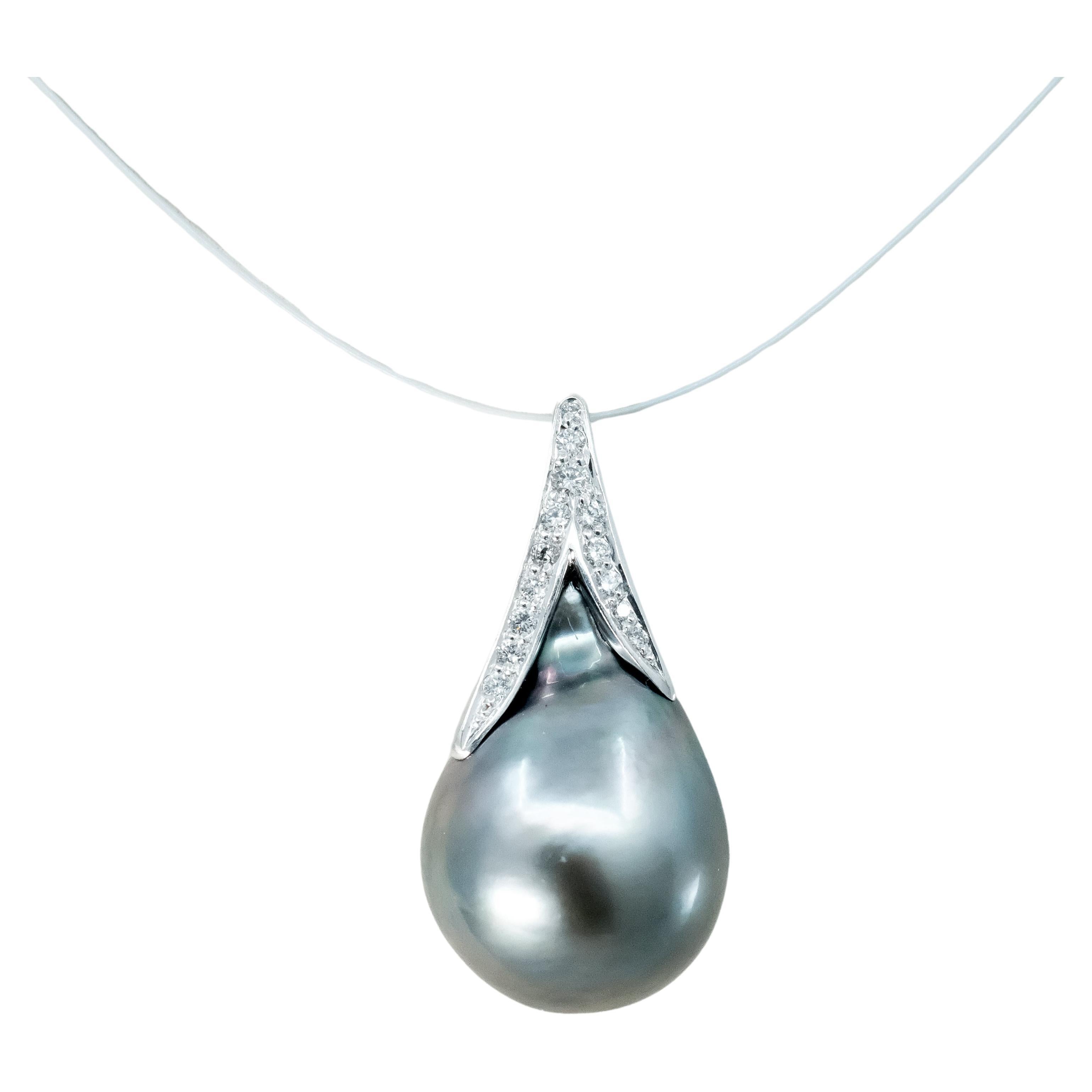 BUNDA 15.00mm Tahitian Pearl and Diamond Pendant in 18k white gold