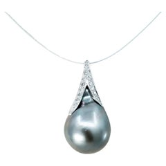 BUNDA 15.00mm Tahitian Pearl and Diamond Pendant in 18k white gold