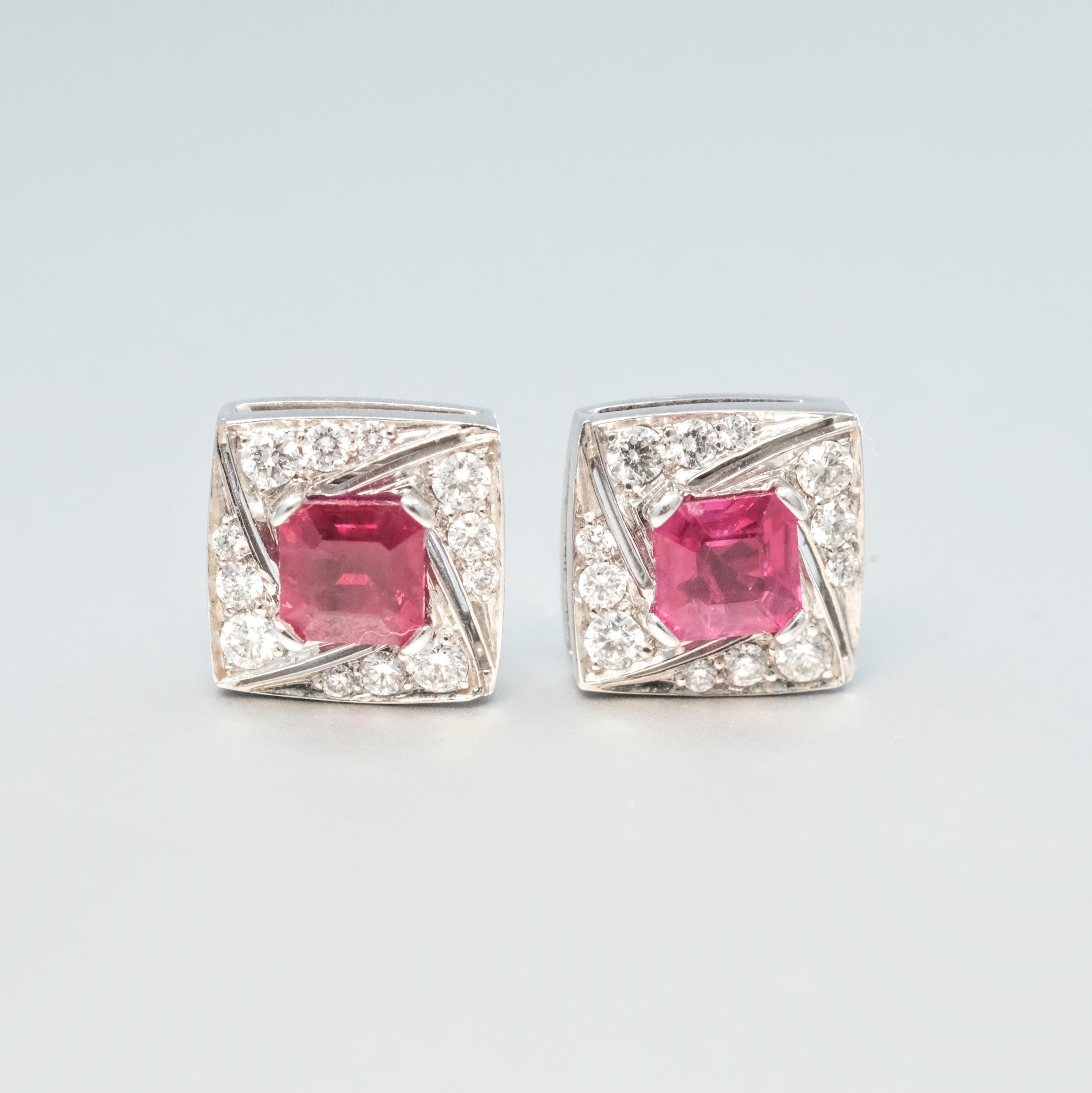 BUNDA 1.51ct Burmese Rubies and 0.36ct Diamond Earrings in 18k white gold For Sale 1