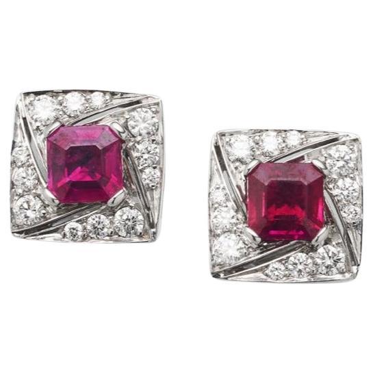 BUNDA 1.51ct Burmese Rubies and 0.36ct Diamond Earrings in 18k white gold For Sale