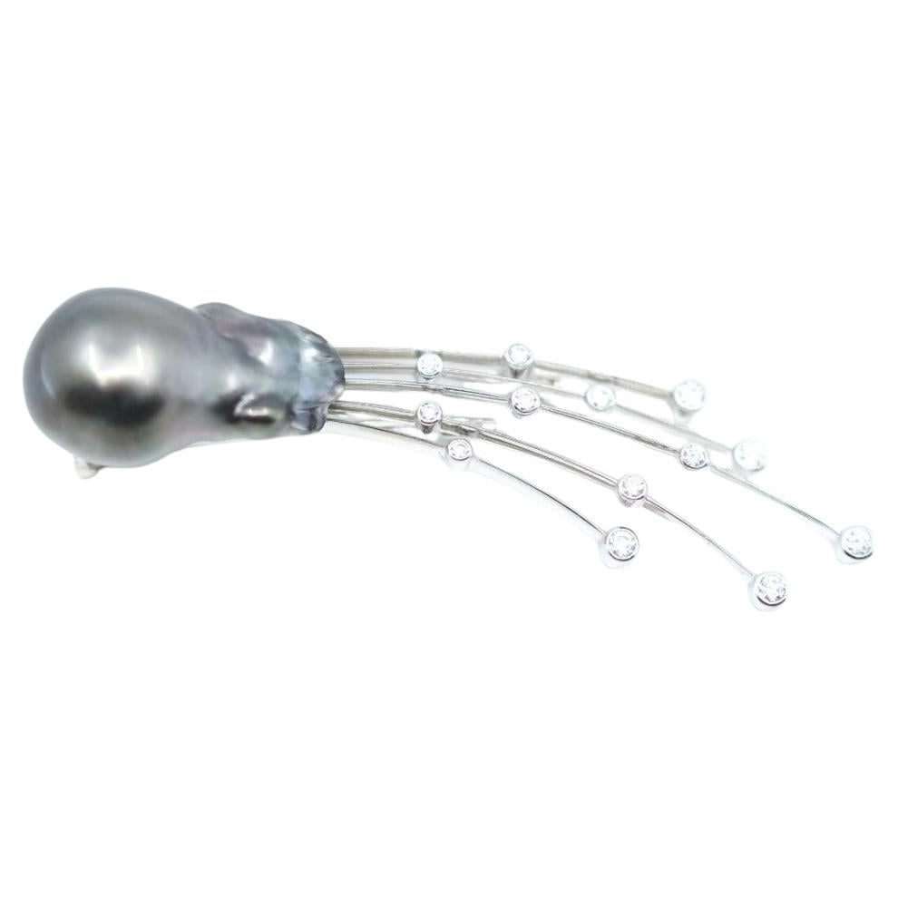 BUNDA 16.4mm Tahitian Pearl and 0.60ct Diamonds Brooch, 18k white gold For Sale