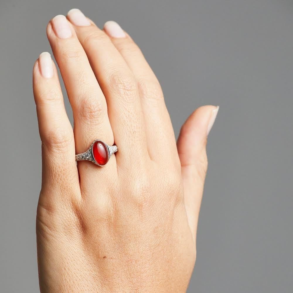 Cabochon BUNDA 1.78ct Fire Opal and 0.93ct Diamonds ring in 18k white gold For Sale