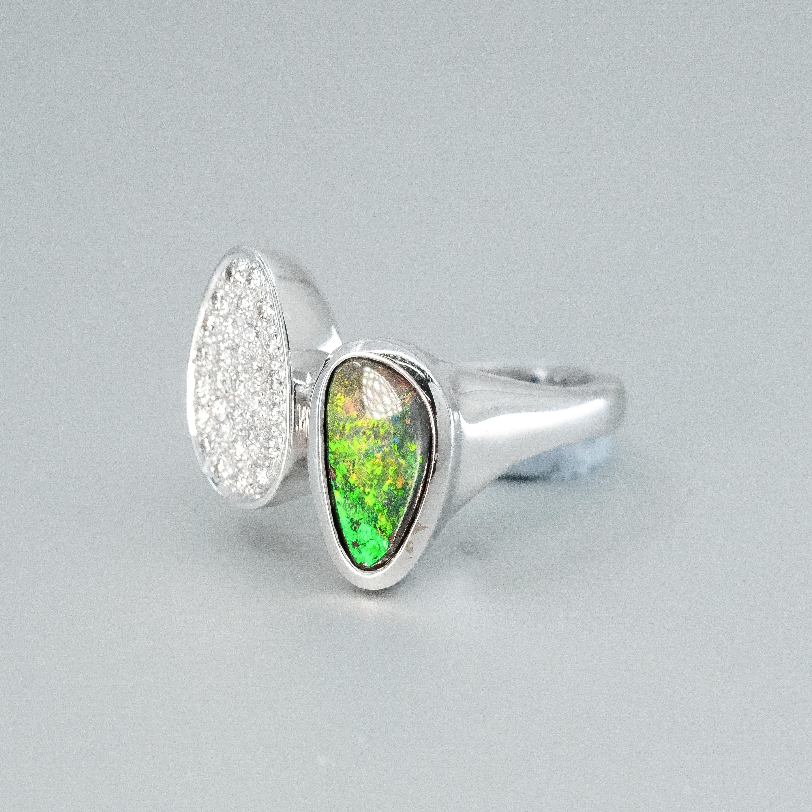Cabochon BUNDA 1.87ct Boulder Opal and 0.31ct Diamond Ring, in 18k white gold