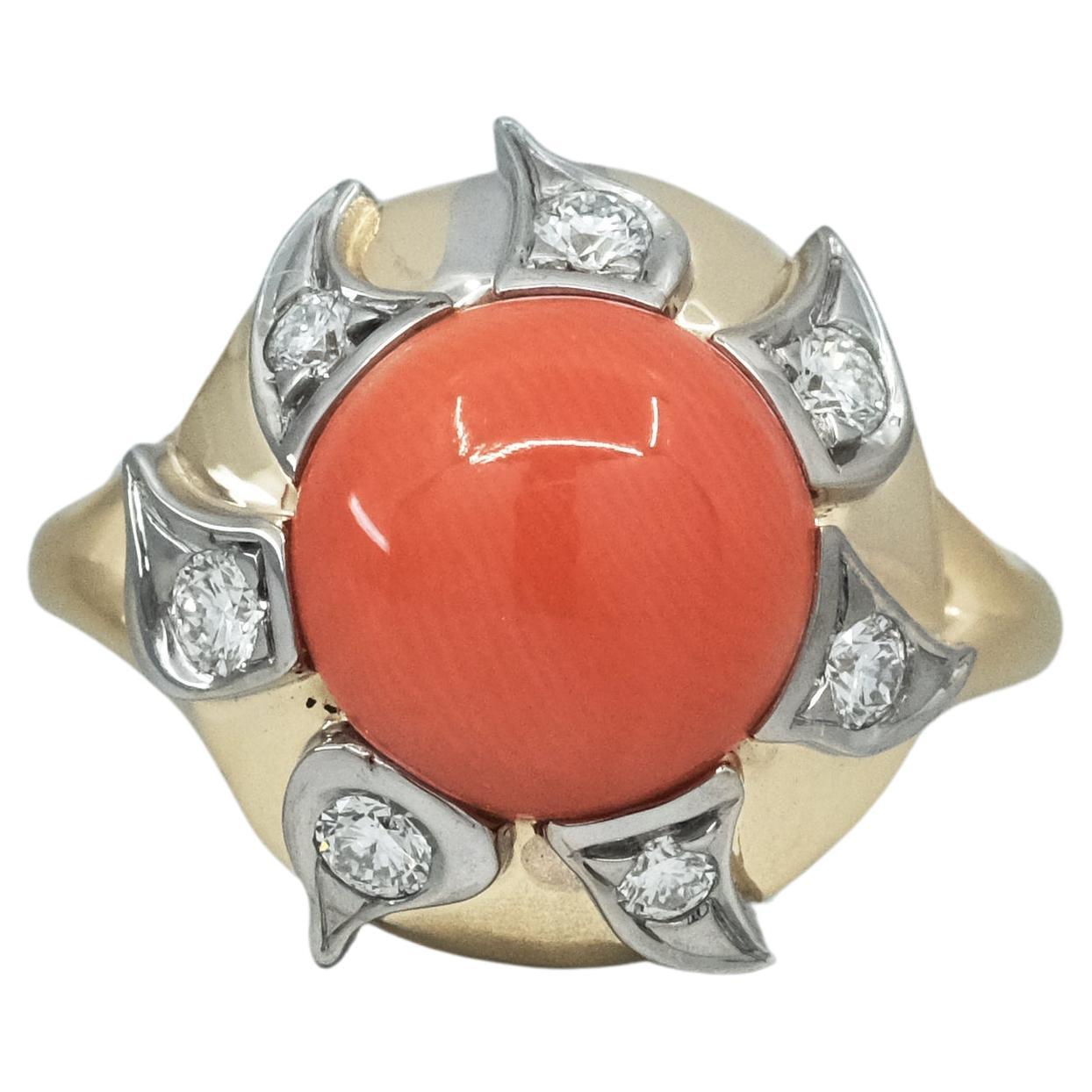 BUNDA 3.39ct Coral and 0.64 Diamonds ring in 18k bi-colour gold