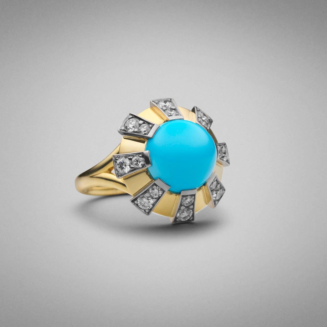 A BUNDA 'Apus' Turquoise Ring made in 18 carat white gold and 18 carat yellow gold set with a turquoise in the middle. Stamped BUNDA.

Diamond weight: 0.58ct - F / VS.

Turquoise: Cabochon 4.27ct.

Weight: 8.34 grams.