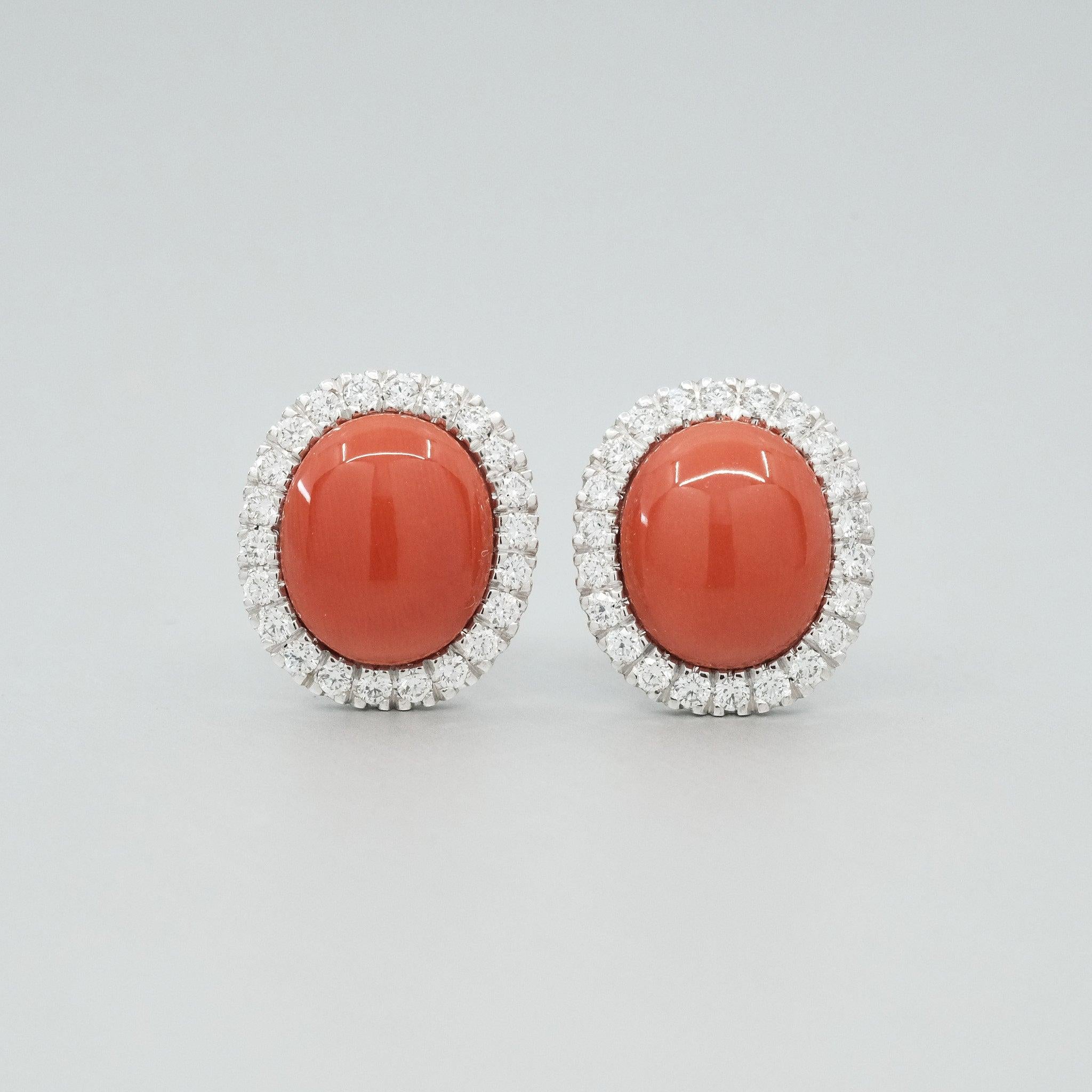 Cabochon BUNDA 8.42ct Coral and 0.88ct Diamonds earrings, in 18k white gold. For Sale