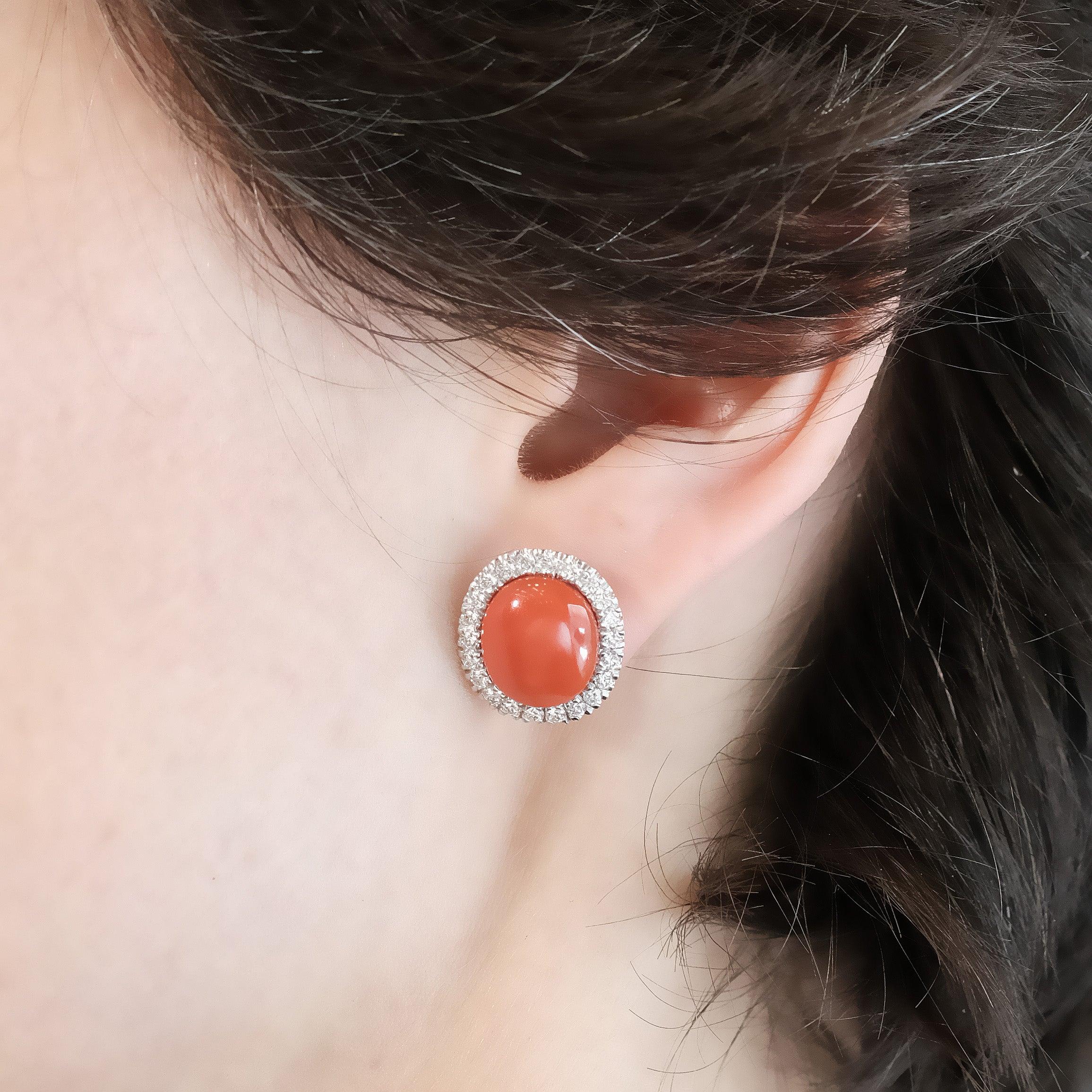 Women's or Men's BUNDA 8.42ct Coral and 0.88ct Diamonds earrings, in 18k white gold. For Sale