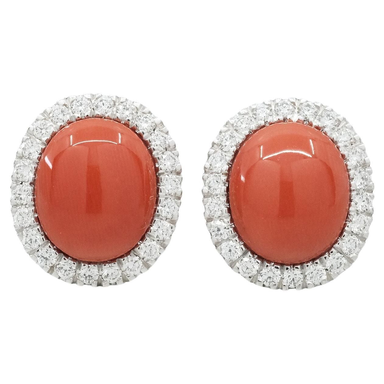BUNDA 8.42ct Coral and 0.88ct Diamonds earrings, in 18k white gold. For Sale