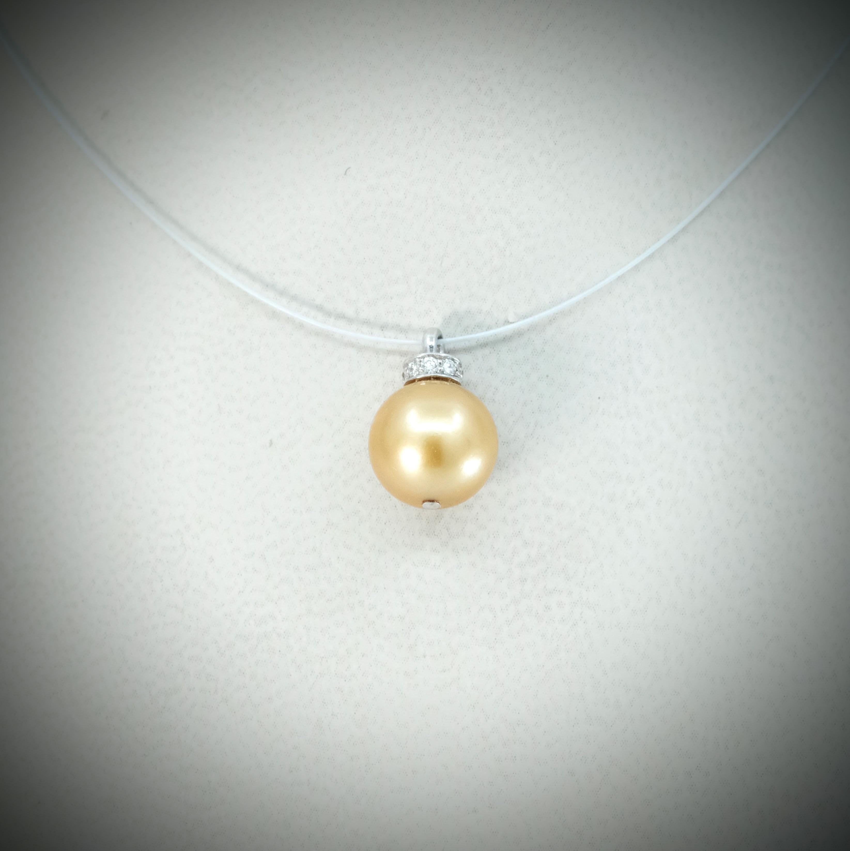 Women's or Men's BUNDA 9.5mm Golden South Sea Pearl and Diamond Pendant, 18k white gold For Sale