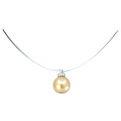 BUNDA 9.5mm Golden South Sea Pearl and Diamond Pendant, 18k white gold