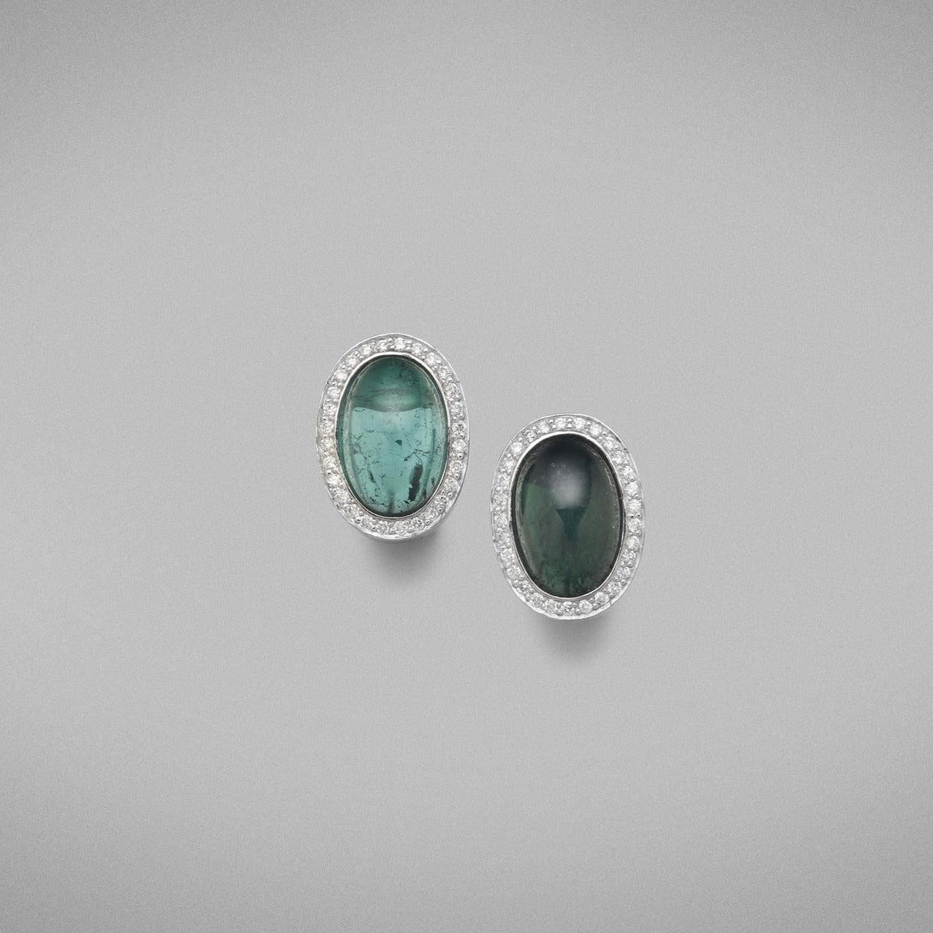 Cabochon BUNDA 9.65ct Tourmaline and 0.32ct Diamonds Earrings, 18k white gold For Sale