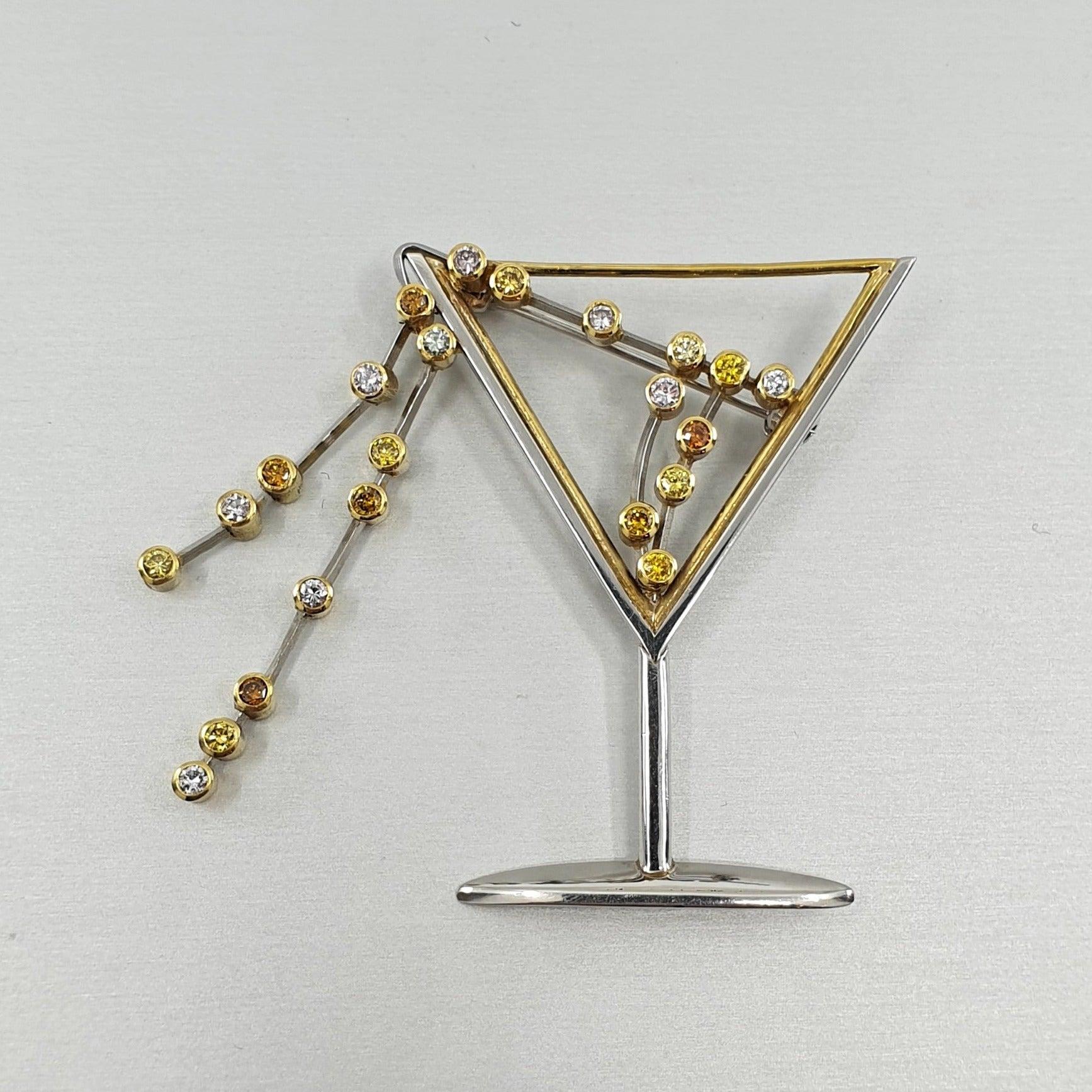 Women's or Men's BUNDA Argyle Fancy Coloured Diamond 'Martini' Brooch in Platinum and 18ct gold For Sale