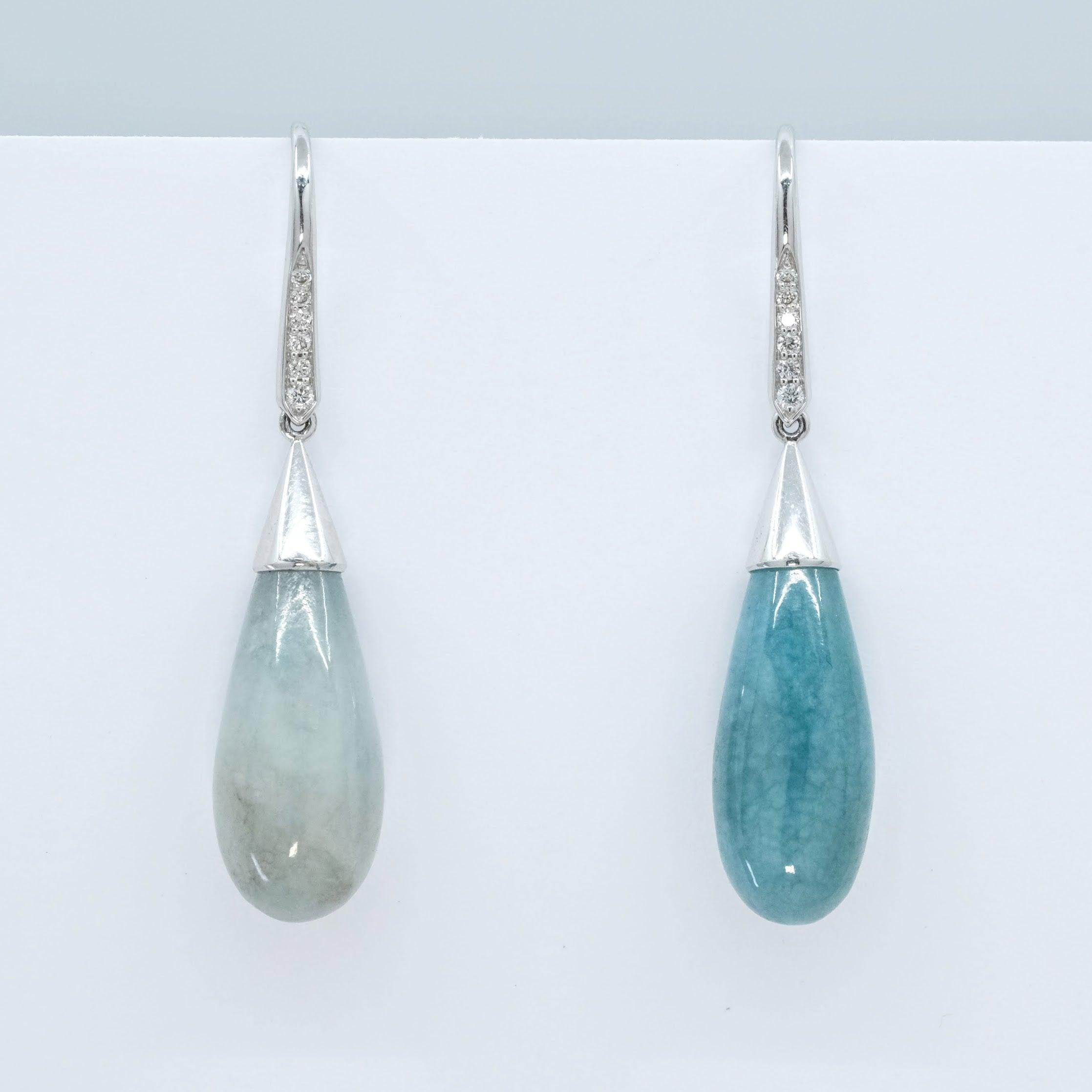 Round Cut BUNDA Chalcedony Drop Earrings, with diamonds on 18k white gold For Sale