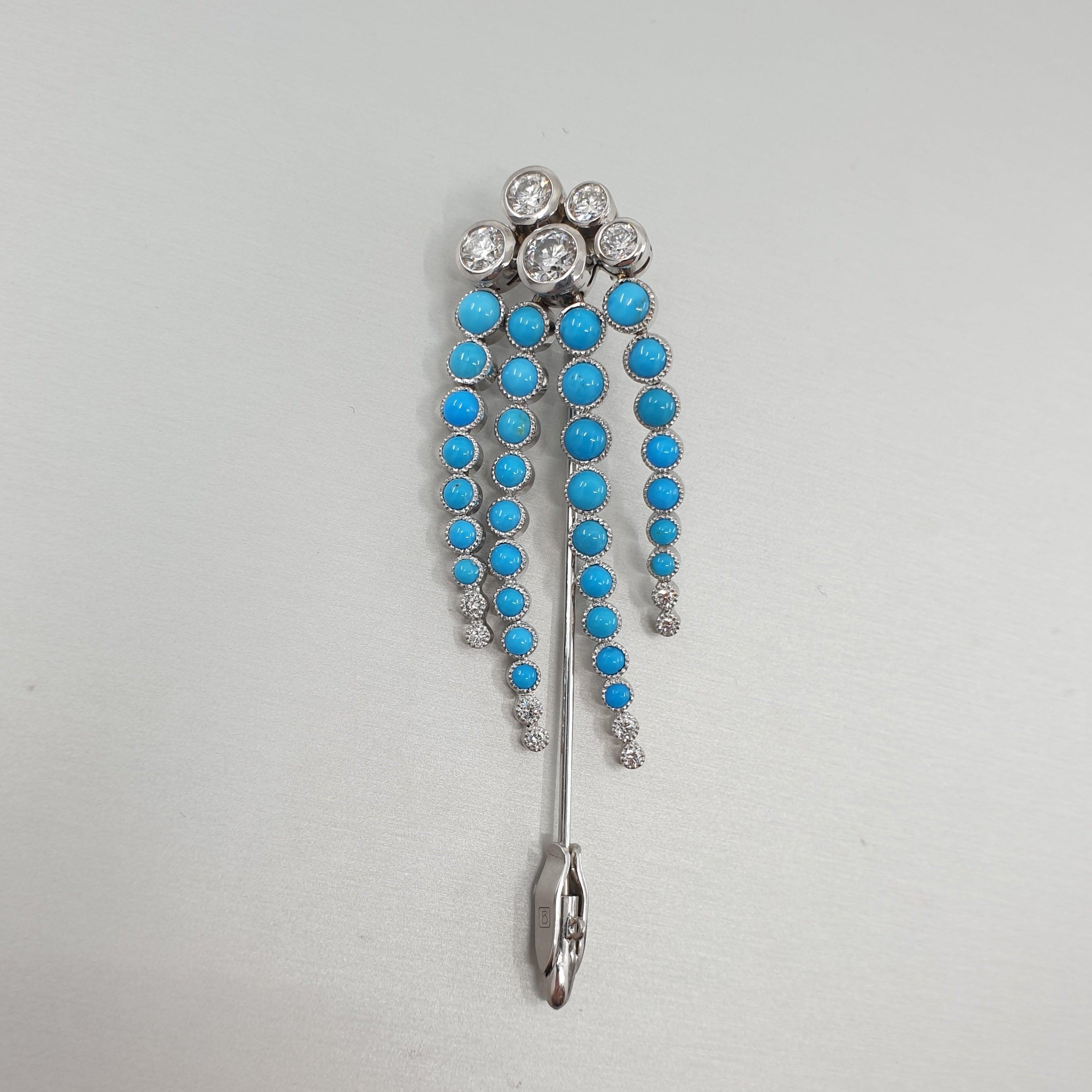 BUNDA 'Couture' 3.80ct Turquoises and 1.31ct Diamonds Brooch in 18k gold In New Condition For Sale In SYDNEY, AU