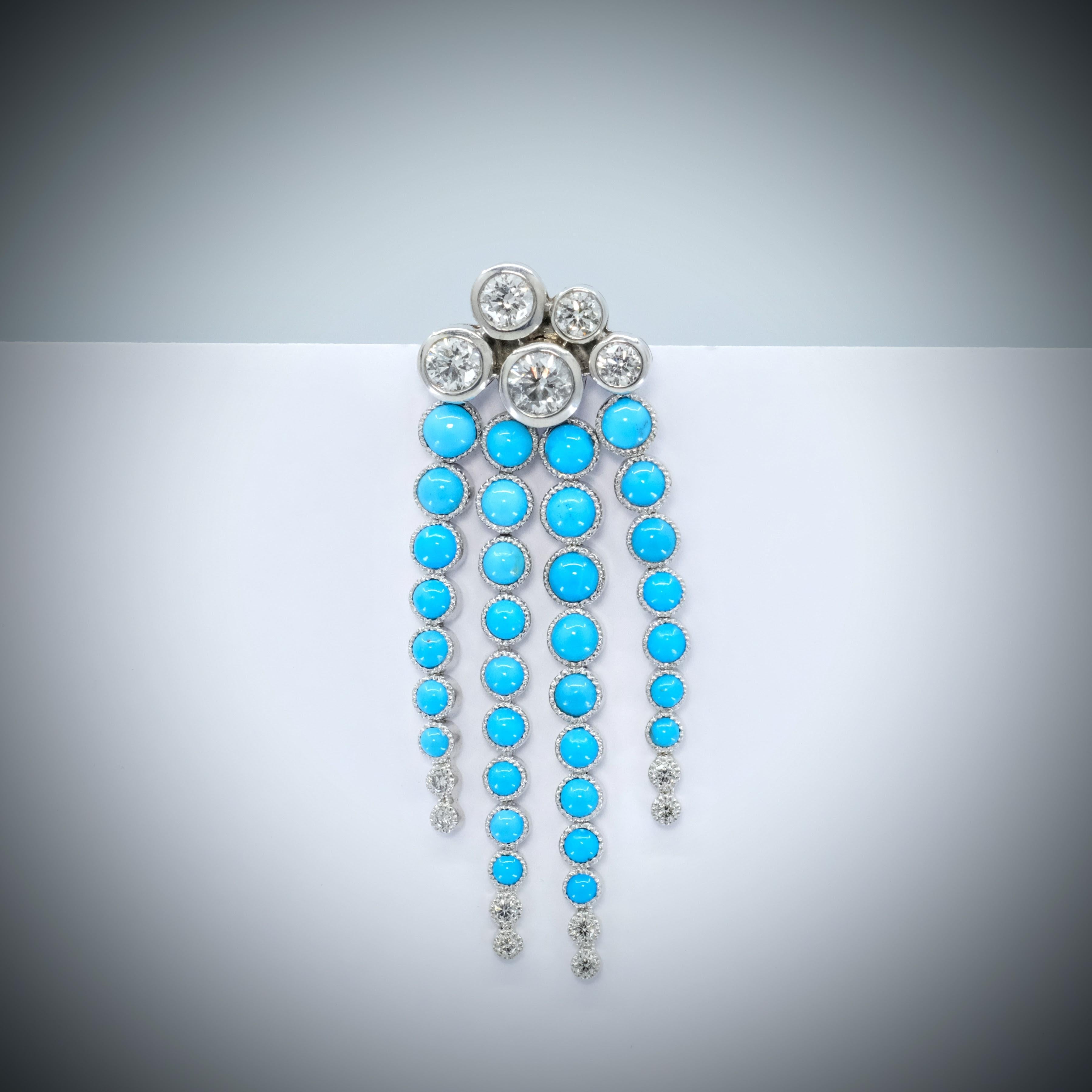 BUNDA 'Couture' 3.80ct Turquoises and 1.31ct Diamonds Brooch in 18k gold For Sale 1