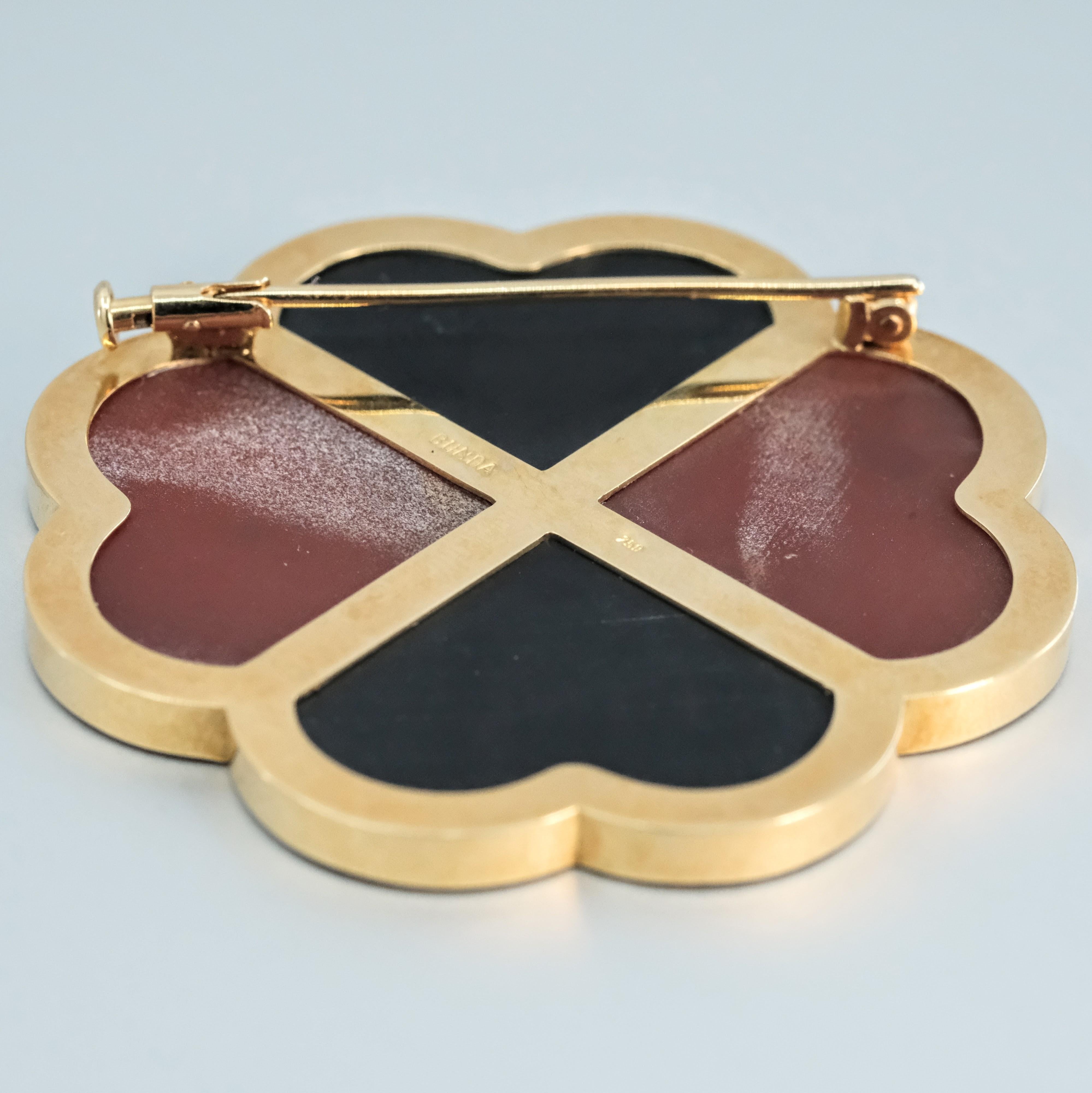 Rough Cut BUNDA 'Couture' Brooch with Onyx, Carnelian & Diamond in 18ct Yellow Gold For Sale