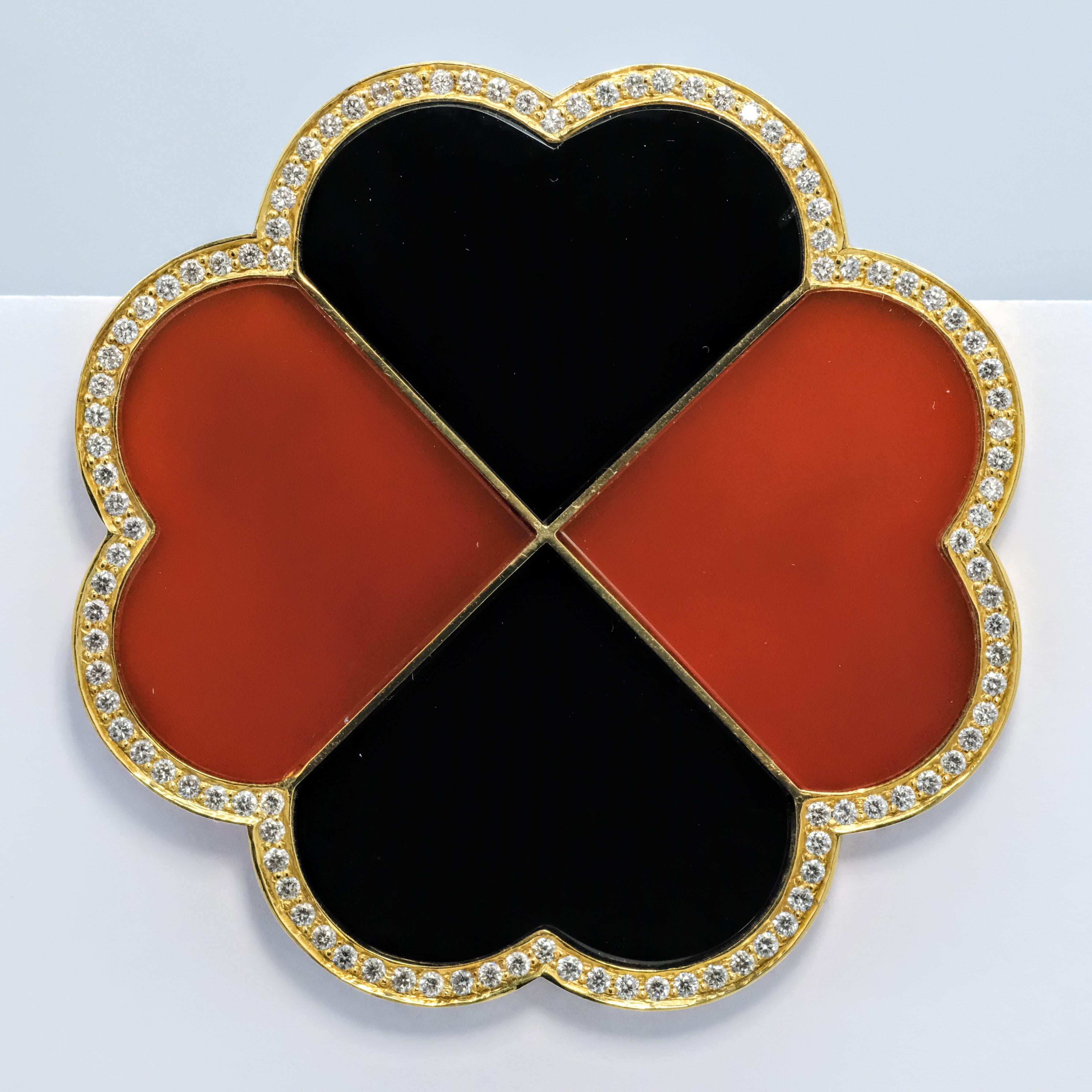 BUNDA 'Couture' Brooch with Onyx, Carnelian & Diamond in 18ct Yellow Gold For Sale 1