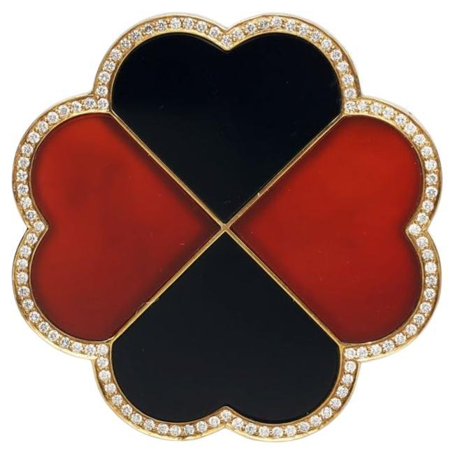 BUNDA 'Couture' Brooch with Onyx, Carnelian & Diamond in 18ct Yellow Gold For Sale