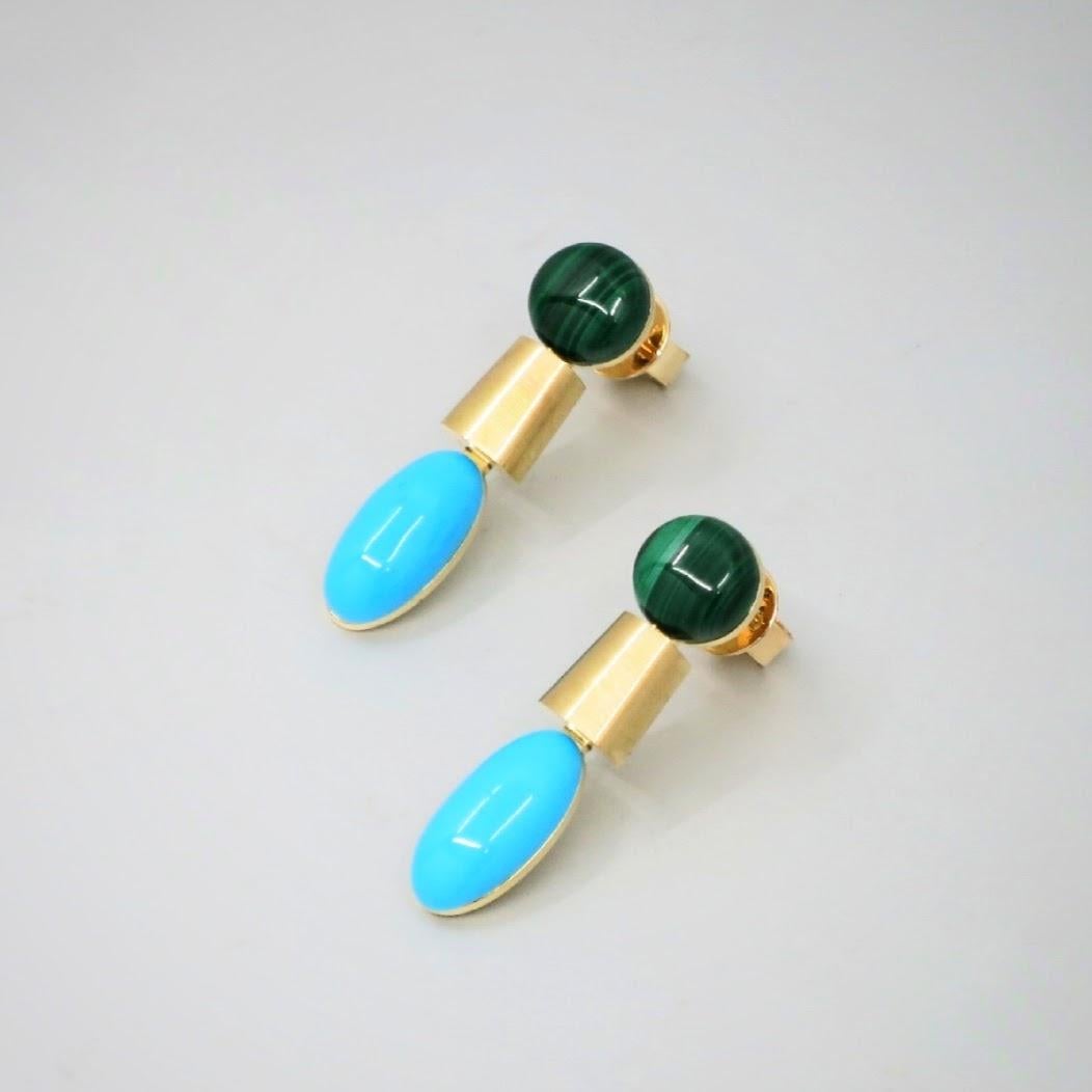 BUNDA Dorado Malachite & Turquoise earrings on 18k yellow gold In New Condition For Sale In SYDNEY, AU