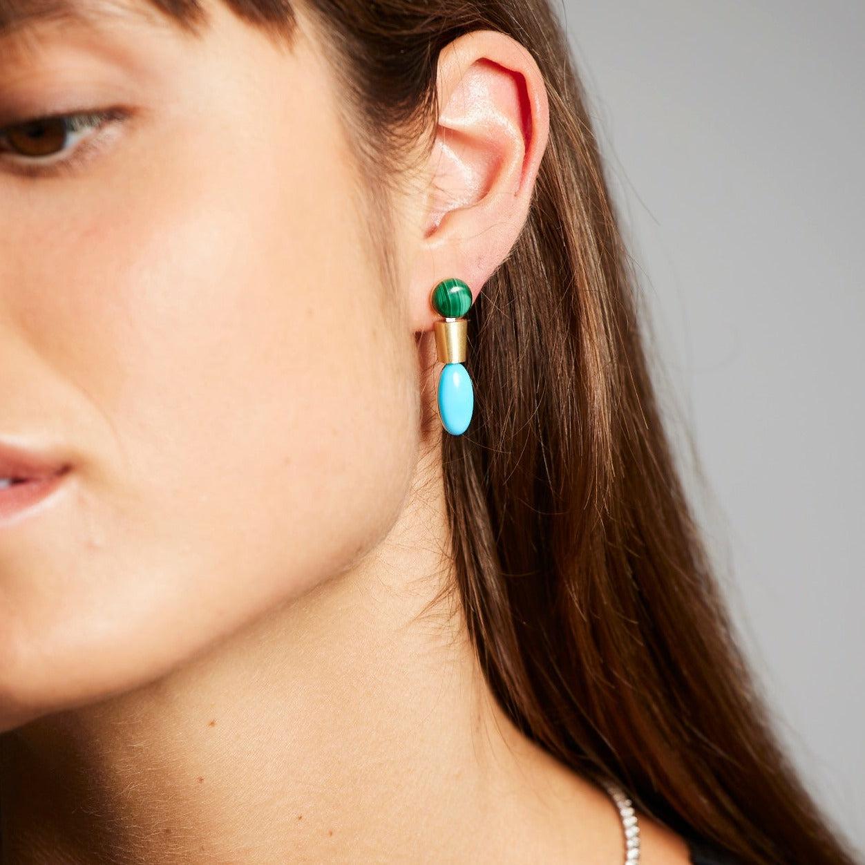 Women's or Men's BUNDA Dorado Malachite & Turquoise earrings on 18k yellow gold For Sale