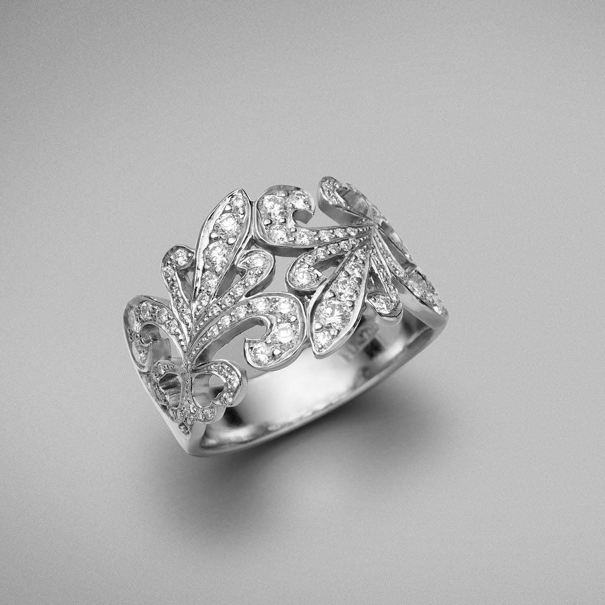 da uomo o donna Anello BUNDA Fleur de Lys con 0,78 carati di diamanti in oro bianco 18 carati in vendita