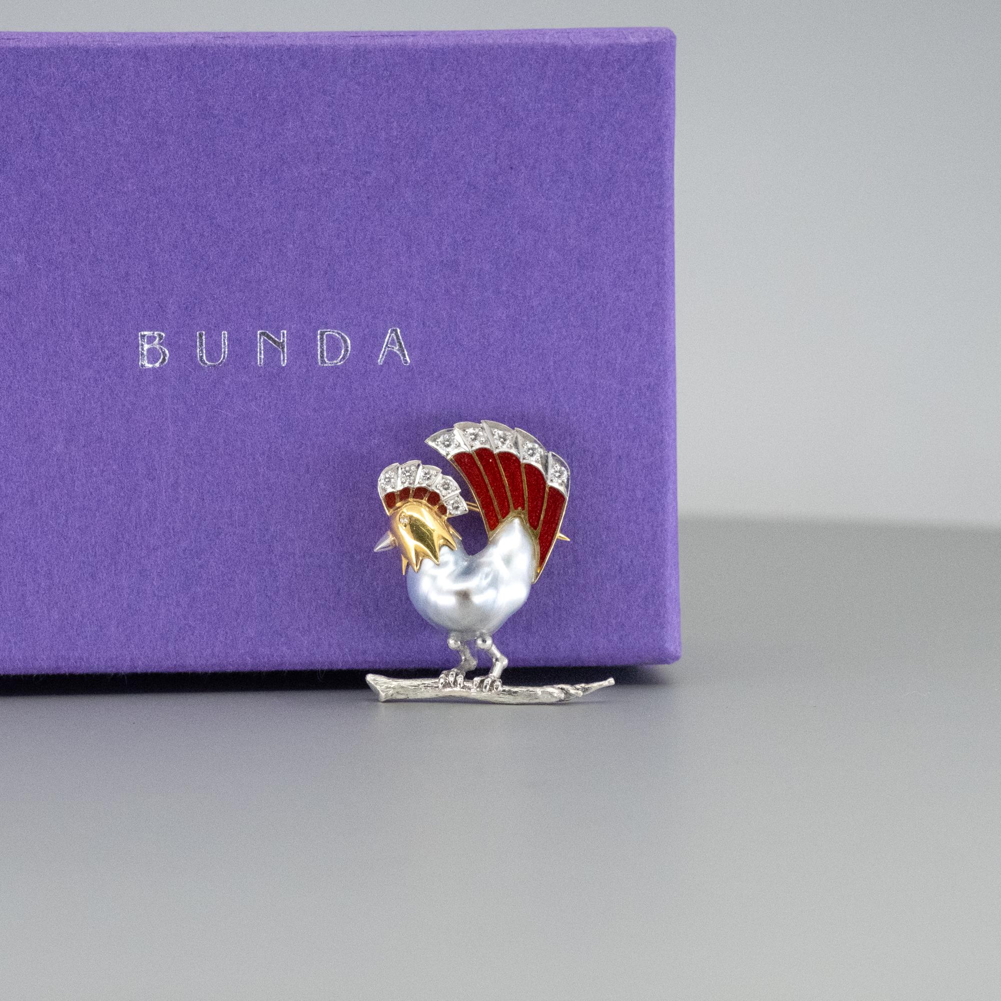 BUNDA Keshi Tahitiana Pearl Brooch with diamonds and enamel on gold and platinum For Sale 8