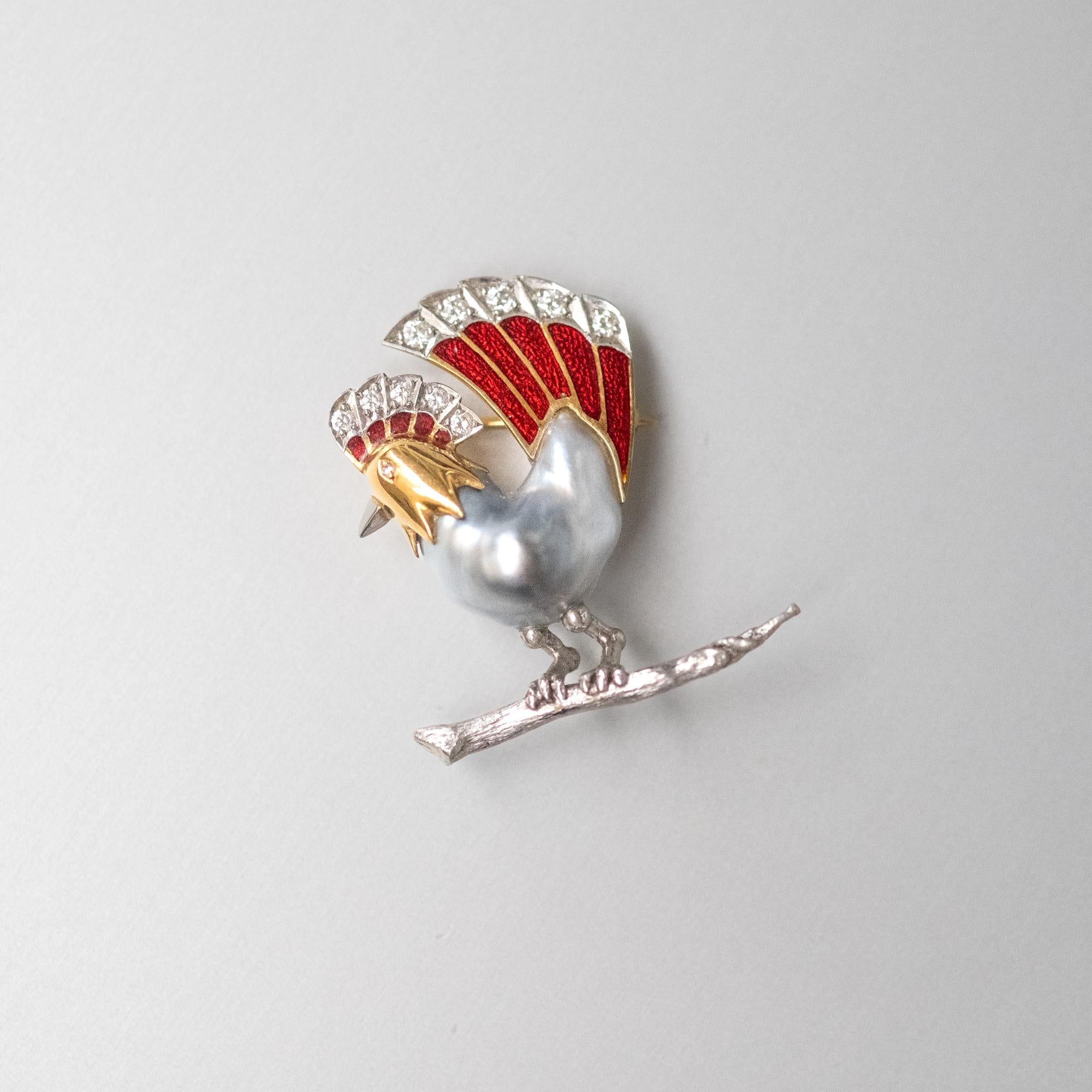 BUNDA Keshi Tahitiana Pearl Brooch with diamonds and enamel on gold and platinum For Sale 9