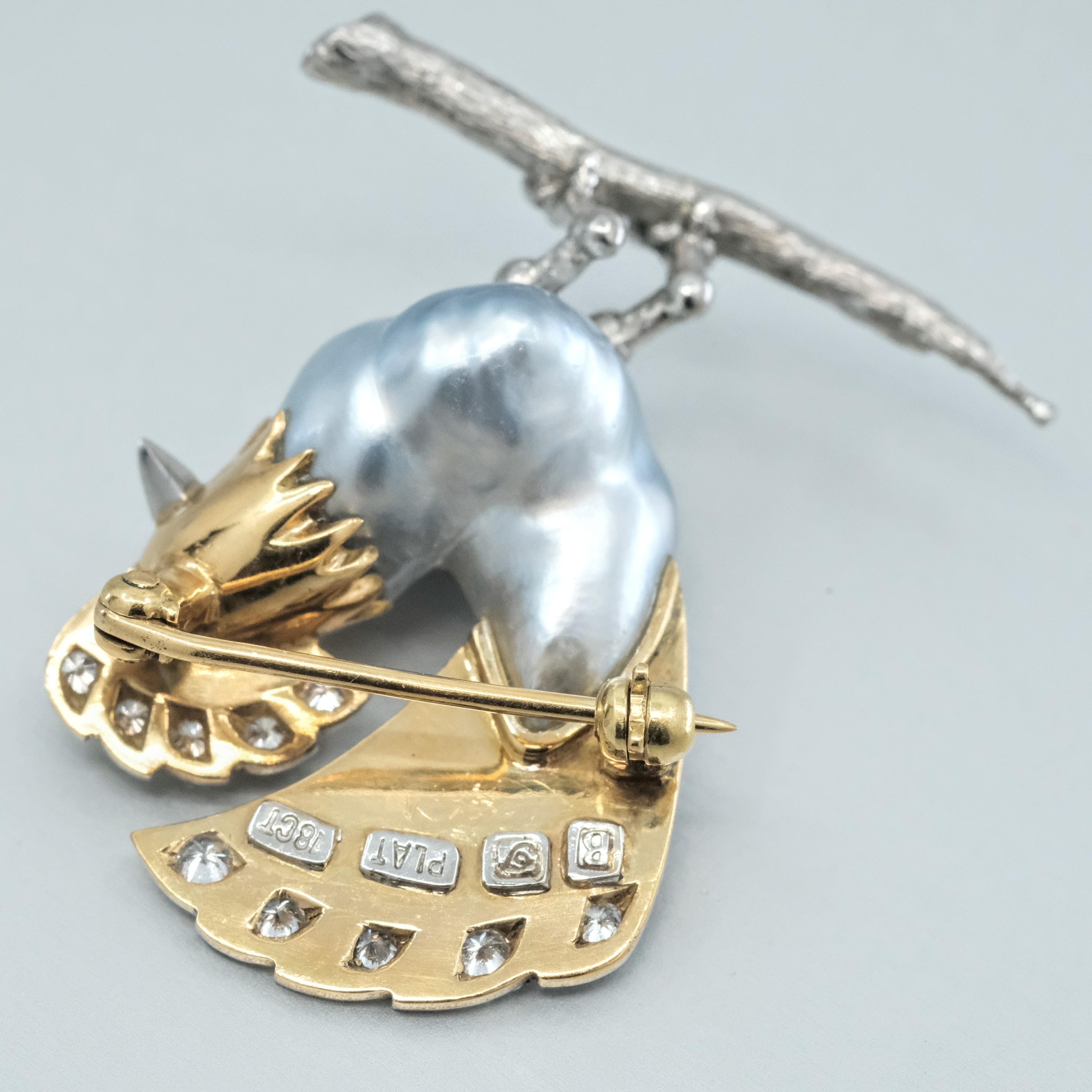 BUNDA Keshi Tahitiana Pearl Brooch with diamonds and enamel on gold and platinum In New Condition For Sale In SYDNEY, AU
