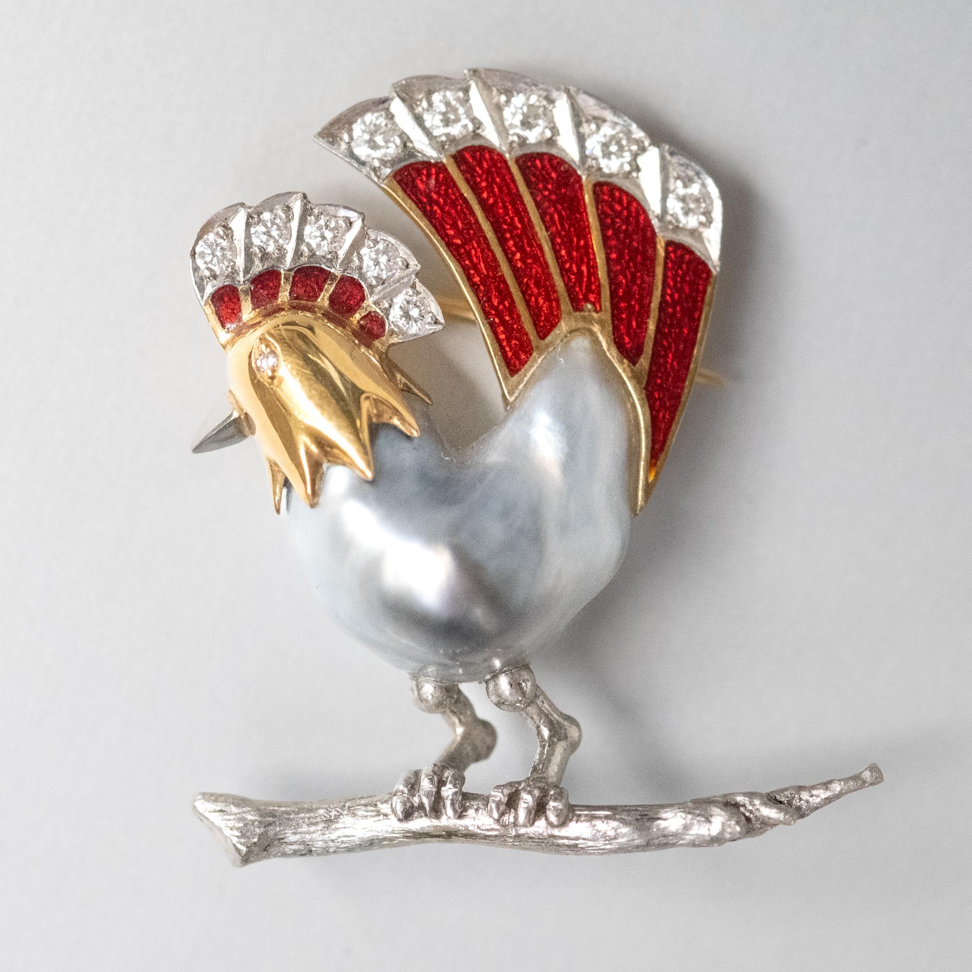 BUNDA Keshi Tahitiana Pearl Brooch with diamonds and enamel on gold and platinum For Sale 3