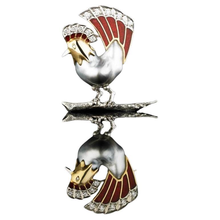 BUNDA Keshi Tahitiana Pearl Brooch with diamonds and enamel on gold and platinum