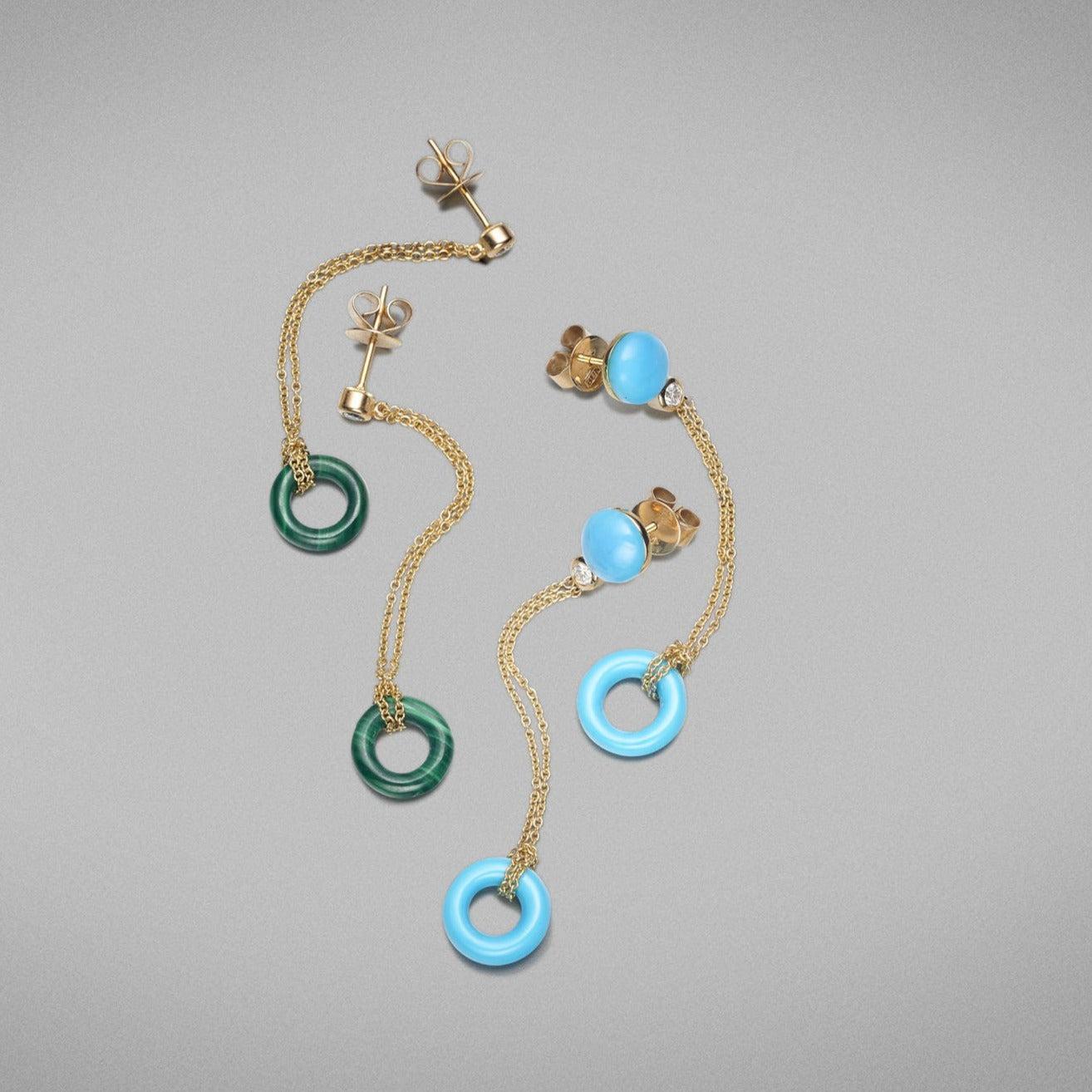 A pair of BUNDA 'Bundova' Malachite Earrings in 18ct Yellow Gold. Each earrings is set with a small round loop of malachite suspended from doubled fine 18ct yellow trace chain measuring 45mm long. The chain is suspended from bezel set diamond studs