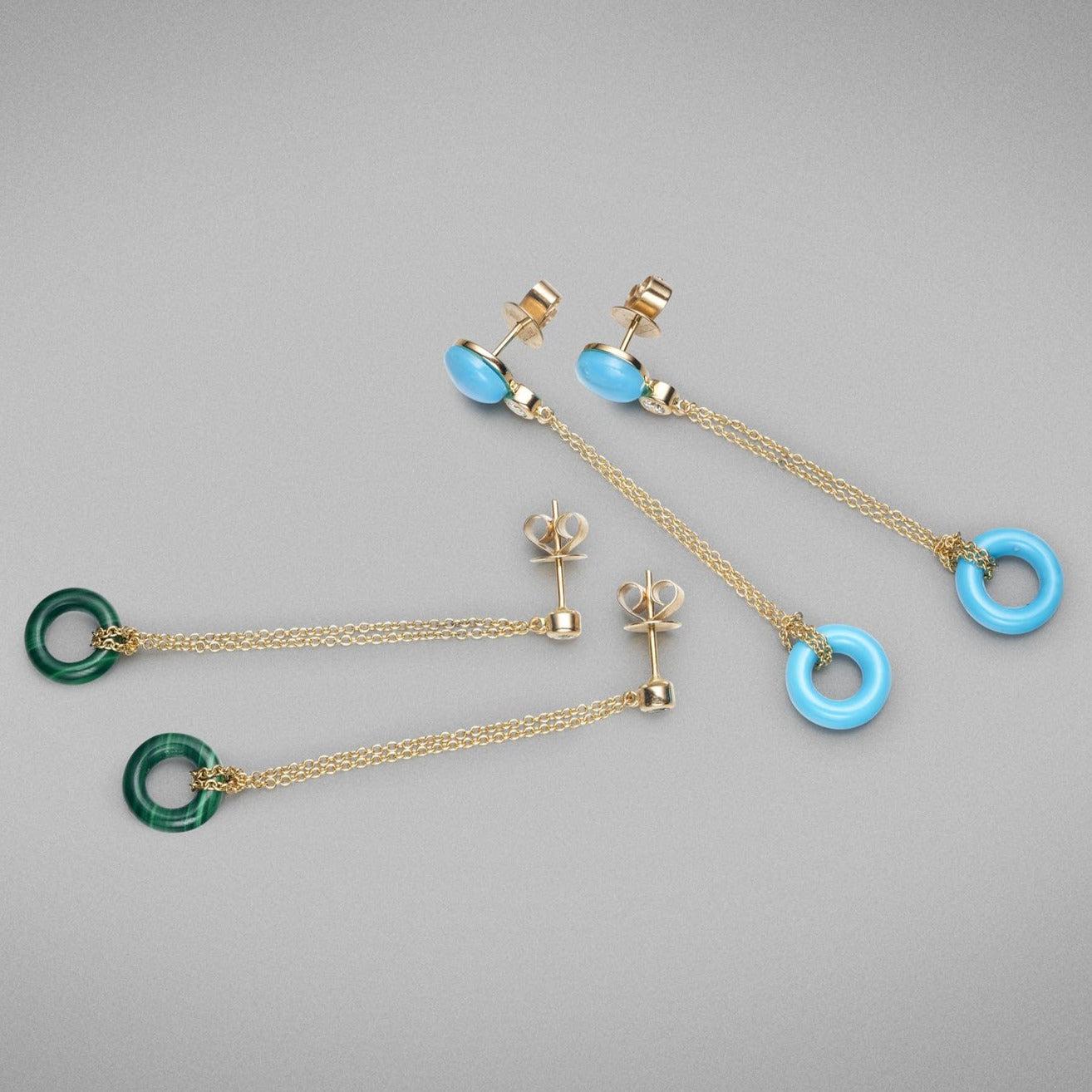 Bead BUNDA Malachite and 18k yellow gold drop earrings For Sale