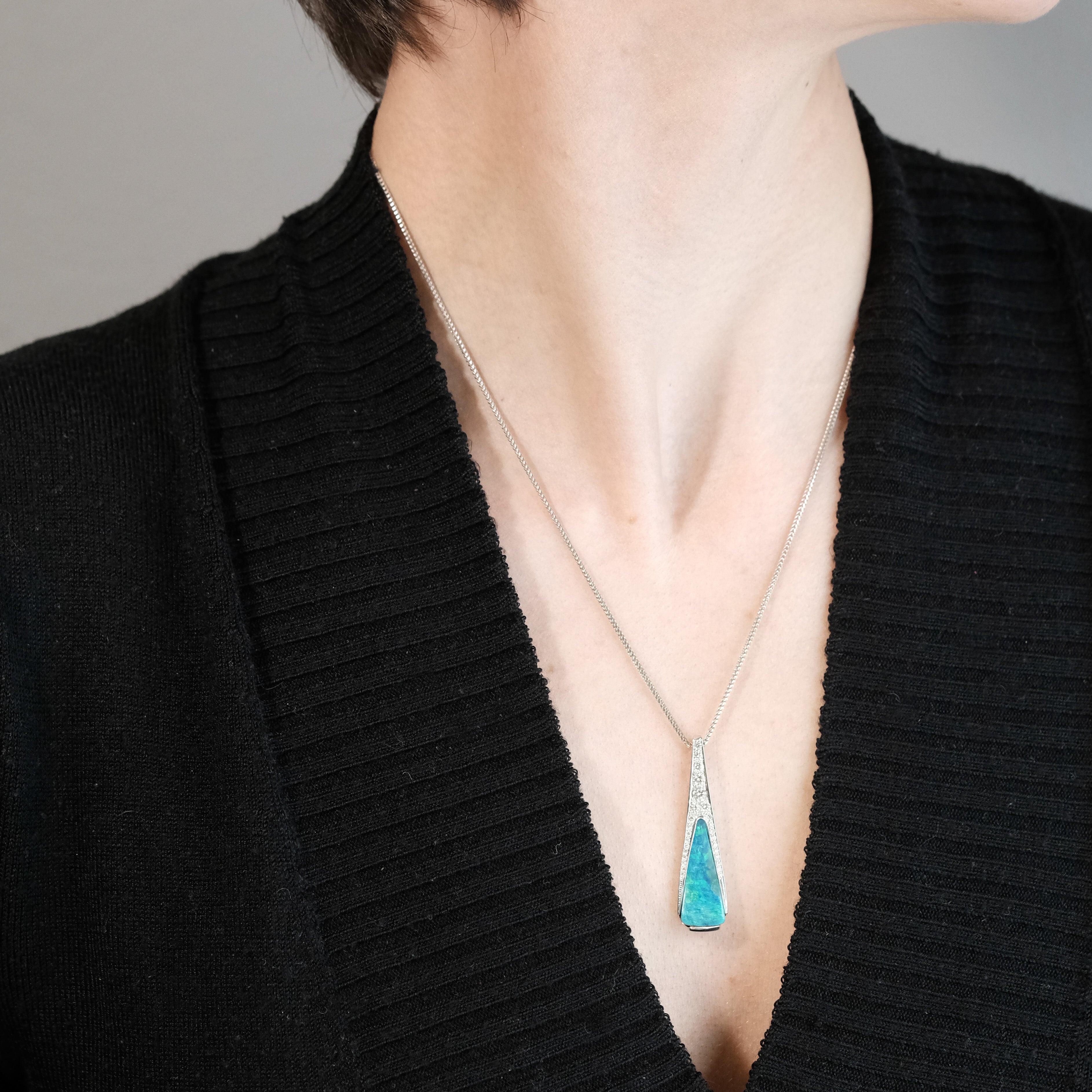 Round Cut BUNDA Opal and Diamond Pendant in 18k white gold For Sale