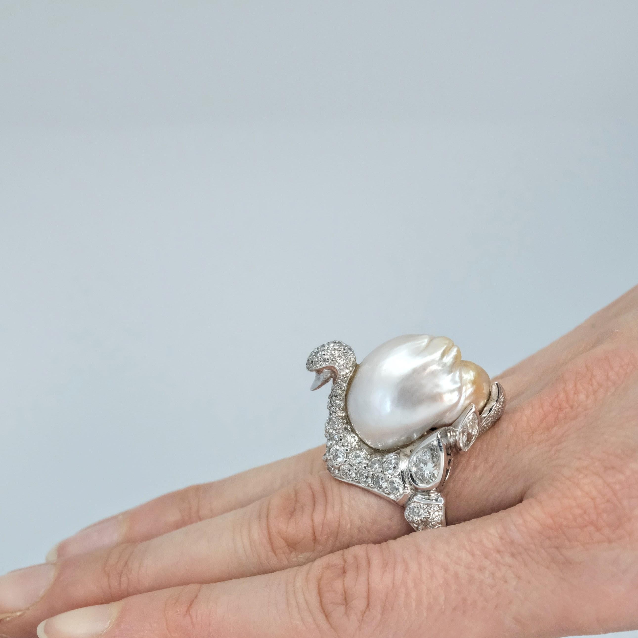 Women's or Men's BUNDA South Sea Keshi 15.80-21.80mm Pearl and 4.00cts Diamond Ring in Platinum For Sale