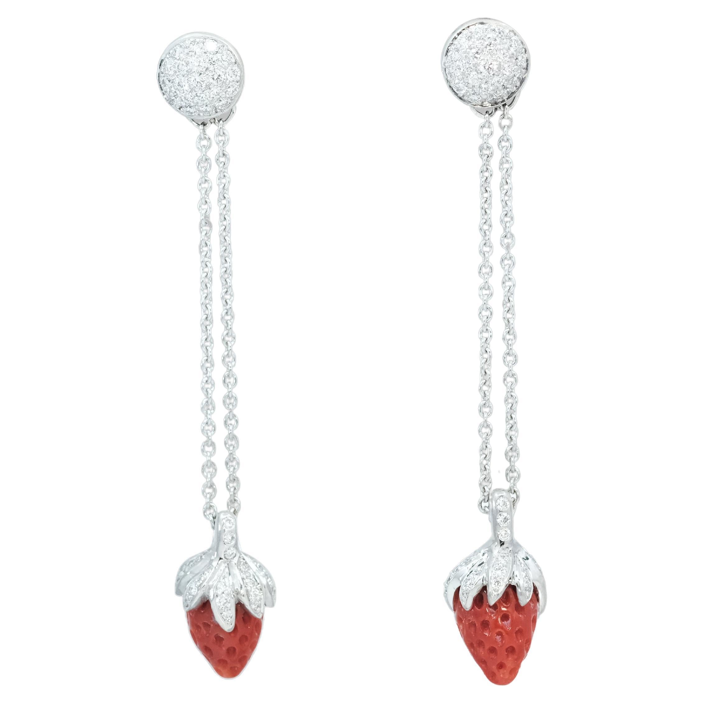 BUNDA Strawberry 7.61ct Corals and 1.09ct Diamonds Drop Earrings 18k gold