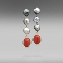 BUNDA Tahitian Keshi Pearl and precious Coral drop earring sin 18k yellow gold
