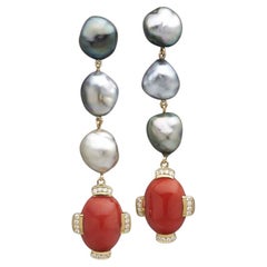 BUNDA Tahitian Keshi Pearl and precious Coral drop earring sin 18k yellow gold