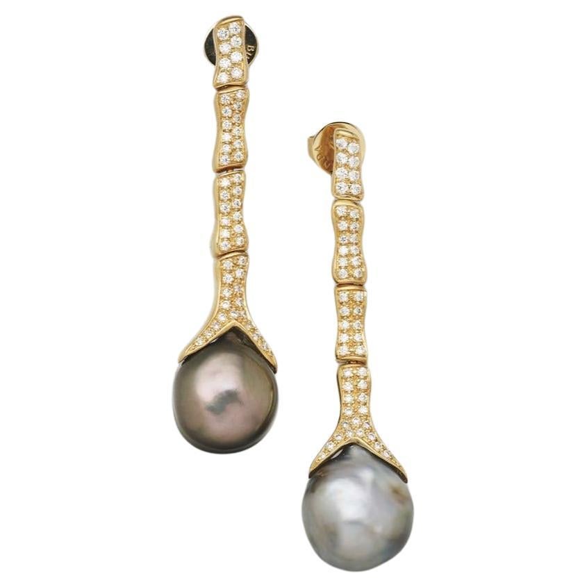 BUNDA Tahitian Pearls, diamonds and 18k yellow gold drop earrings.