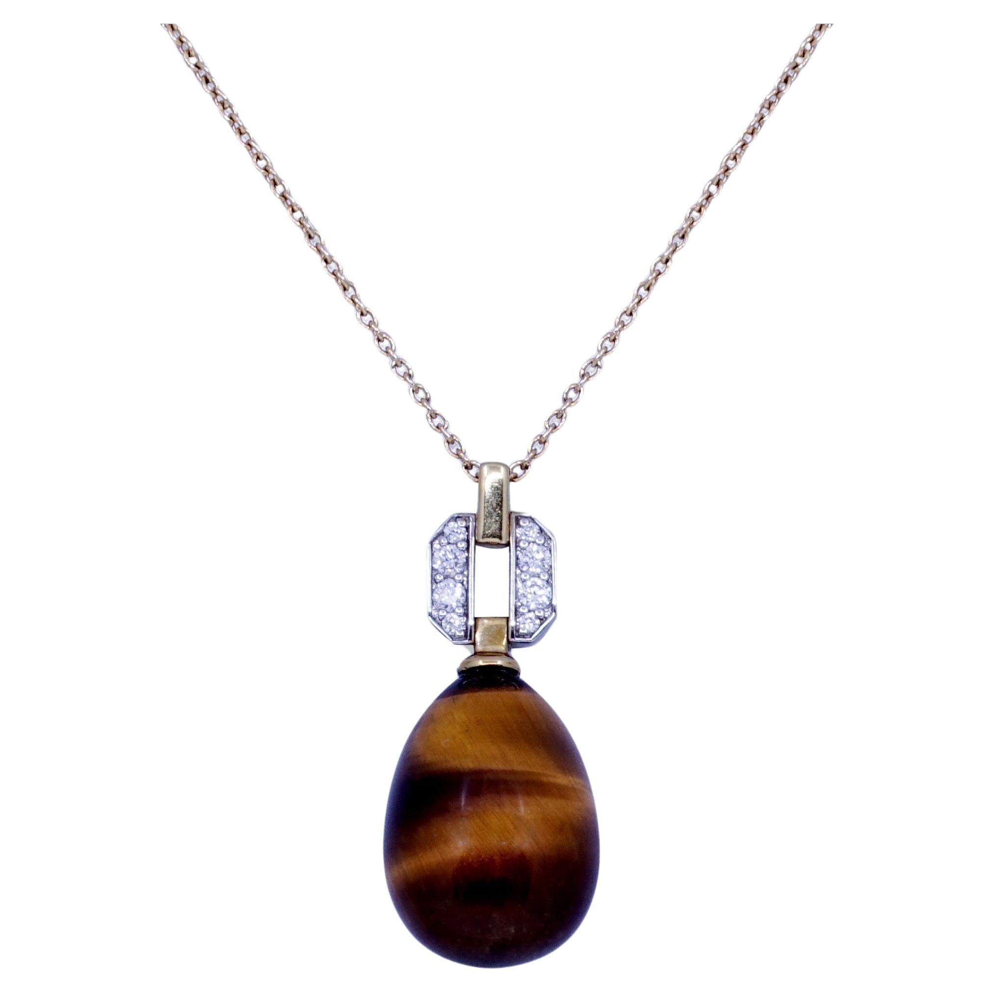 BUNDA Tiger's Eye and Diamond pendant on 18k yellow and white gold For Sale