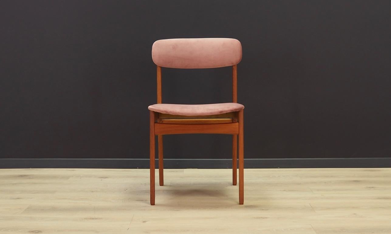 Set of four Classic chairs from the 1960s-1970s. Project N. & K. Bundgaard Rasmussen. New upholstery made of velour in pink, teak construction. Maintained in good condition (minor bruises and scratches) - directly for use.

Dimensions: height 78