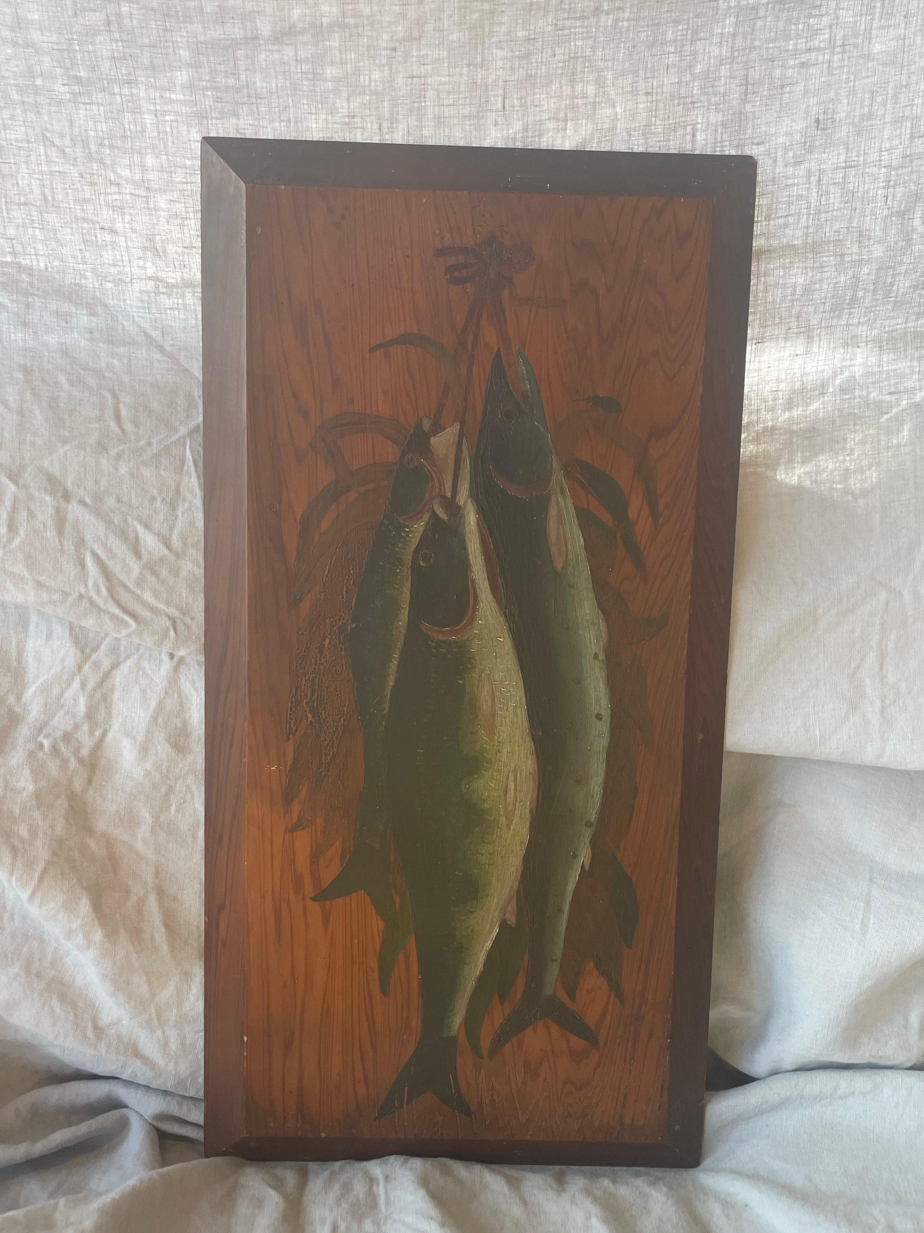 Groupe de poissons - Nature morte sur panneau de bois Excellent état - En vente à Northport, MI