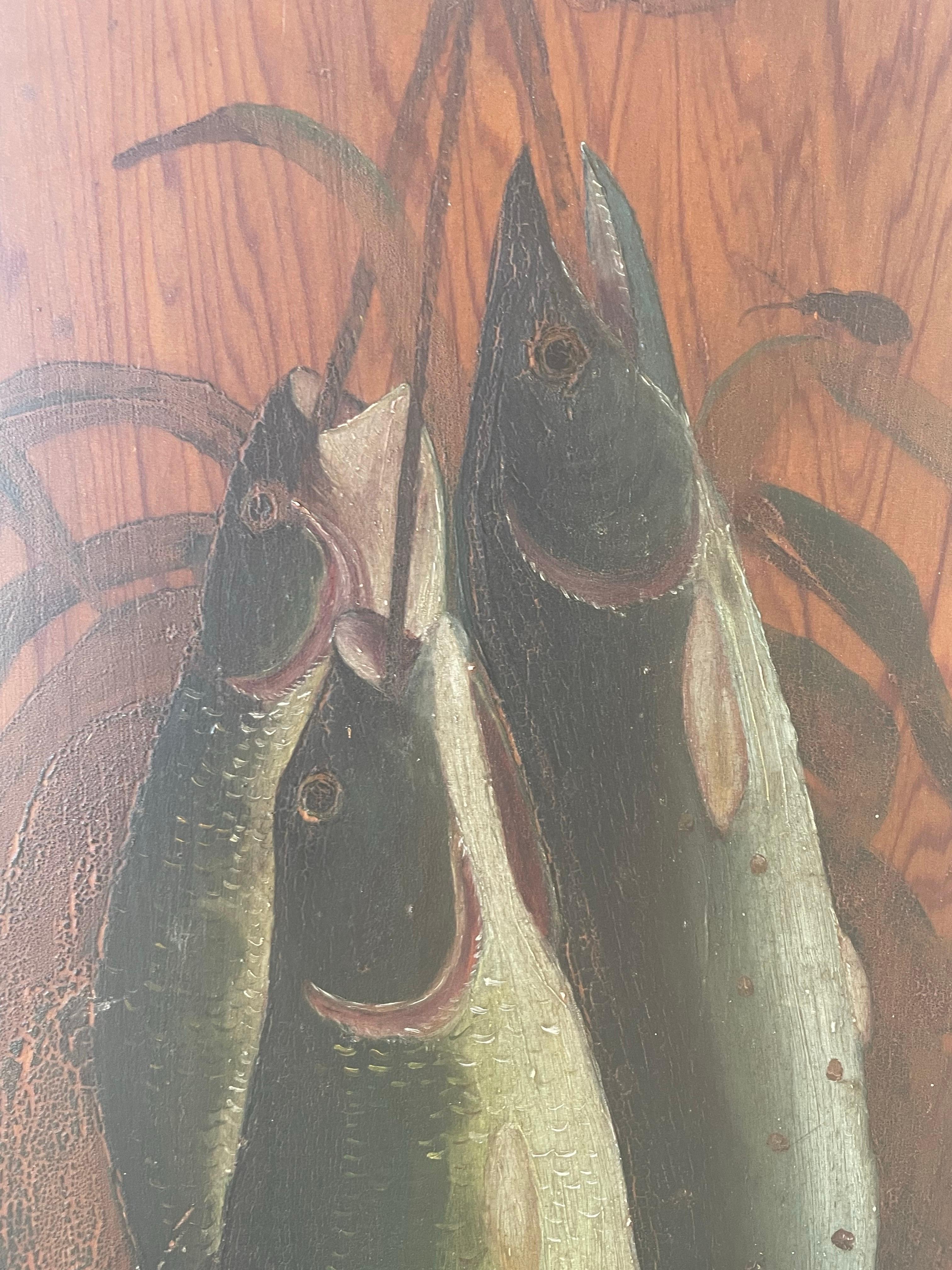 20ième siècle Groupe de poissons - Nature morte sur panneau de bois en vente