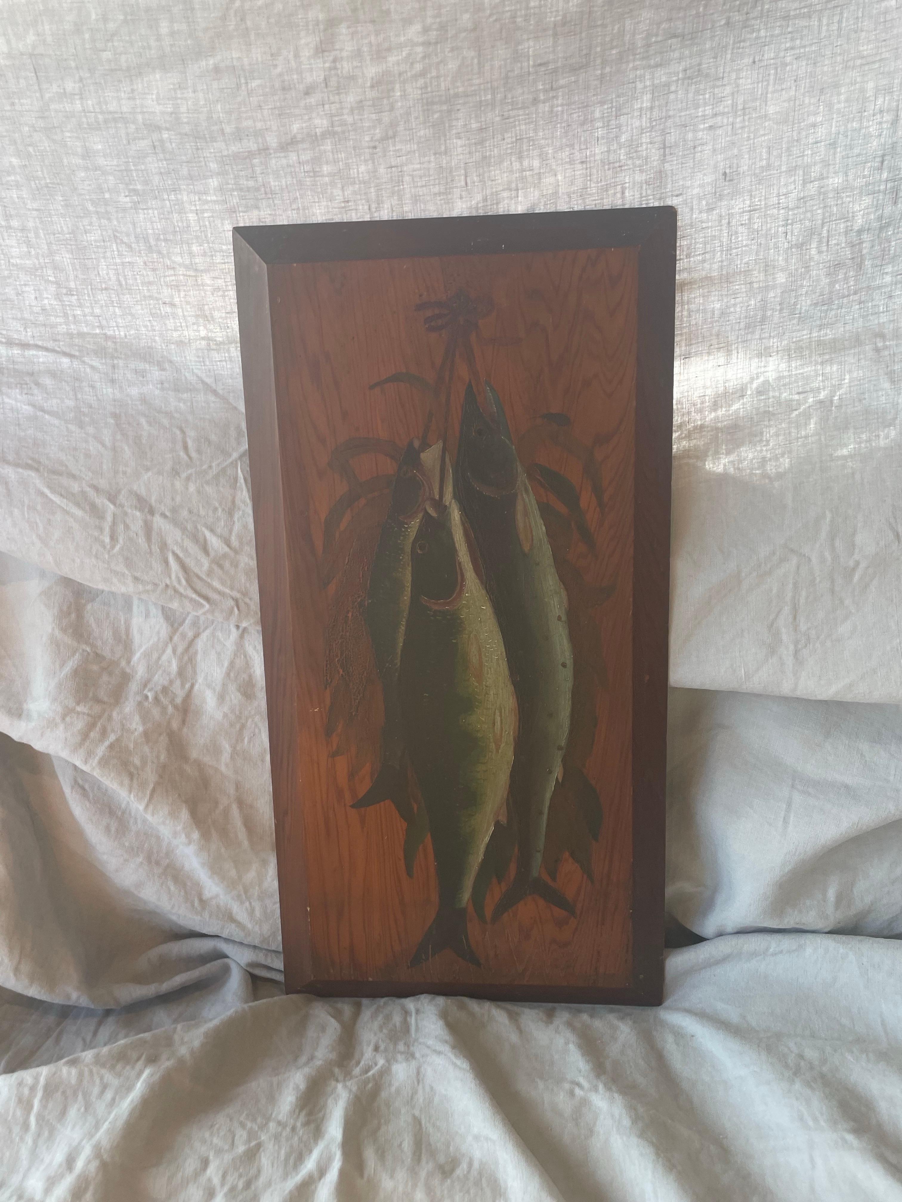 Bois de feuillus Groupe de poissons - Nature morte sur panneau de bois en vente