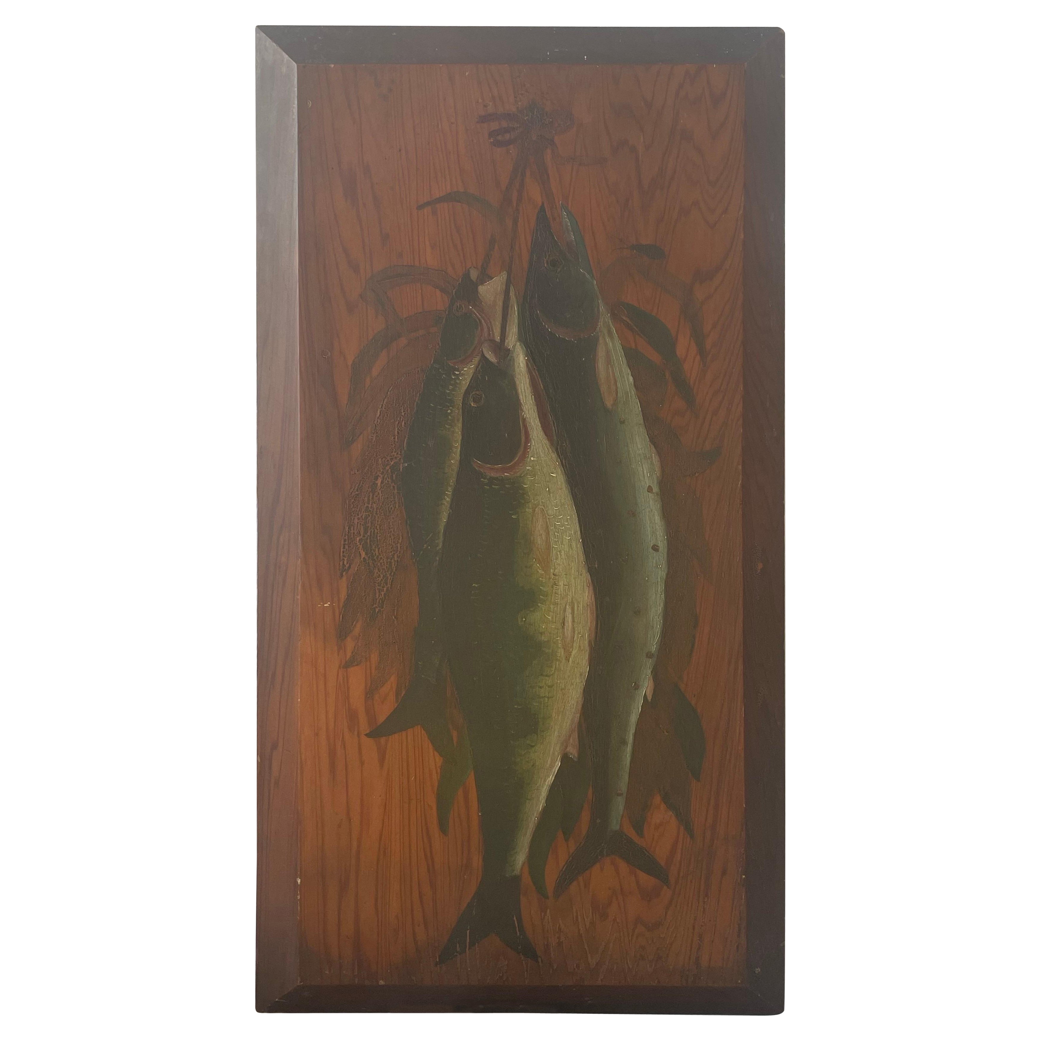 Groupe de poissons - Nature morte sur panneau de bois en vente