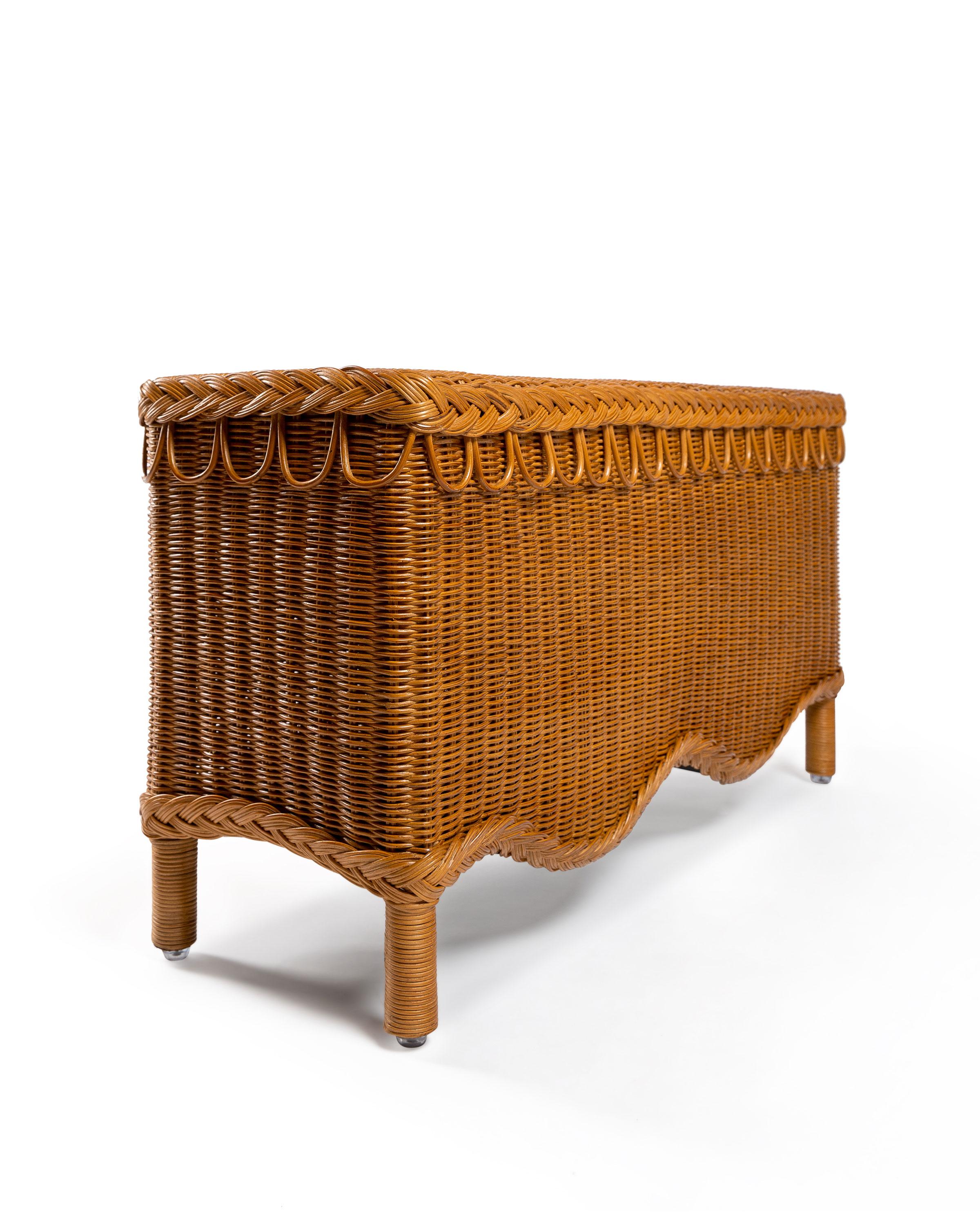 Hand-crafted from 100% natural rattan, the Bunny bench sits neatly at the foot of a bed, adjacent to the base of stairs, by the front door (perfect for putting on shoes), plus it also looks fabulous as a mini coffee table. Sharland England’s
